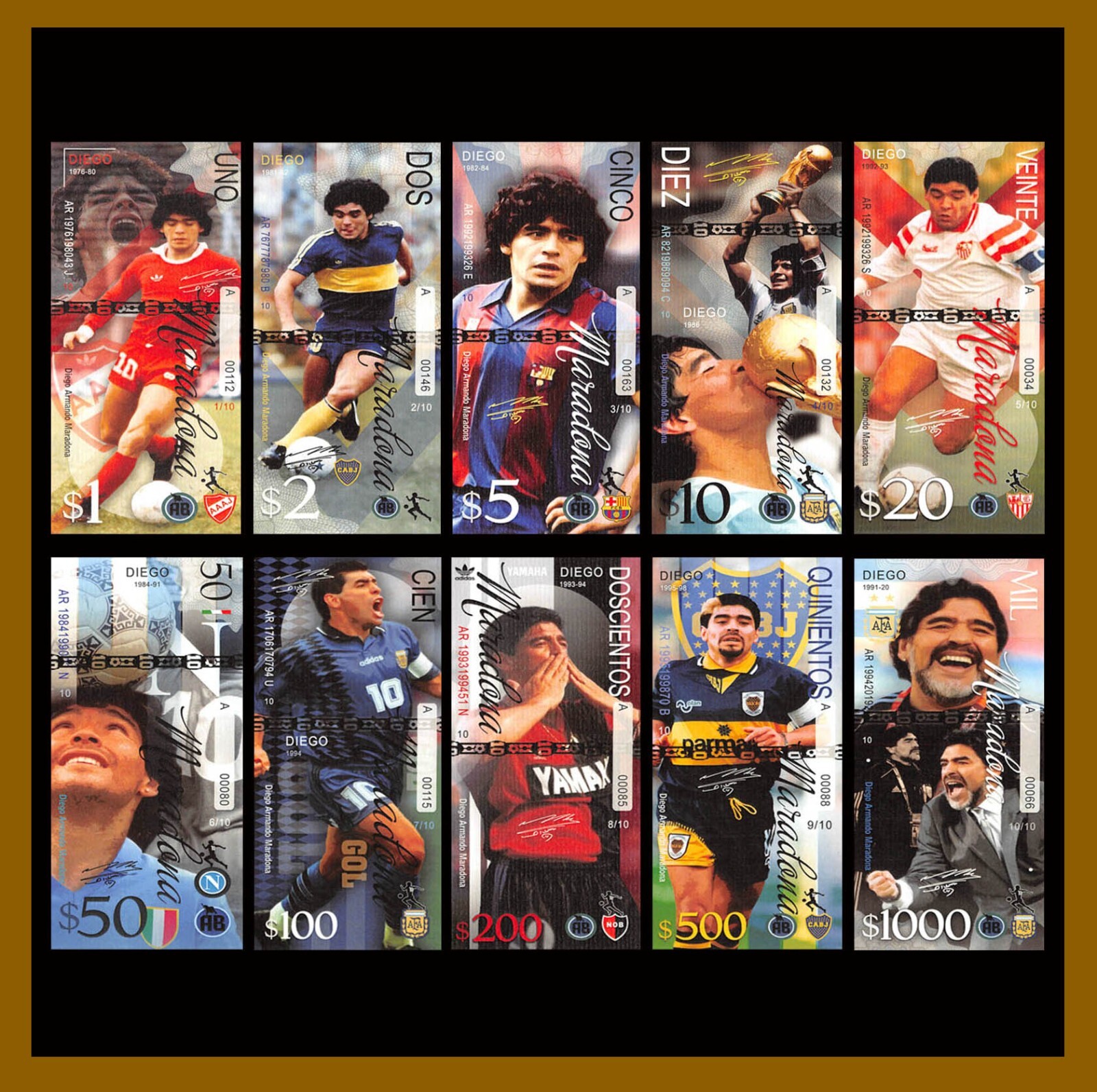 Diego Maradona (10 Pcs Set) 2020 Argentina FIFA World Cup Specimen Test Note