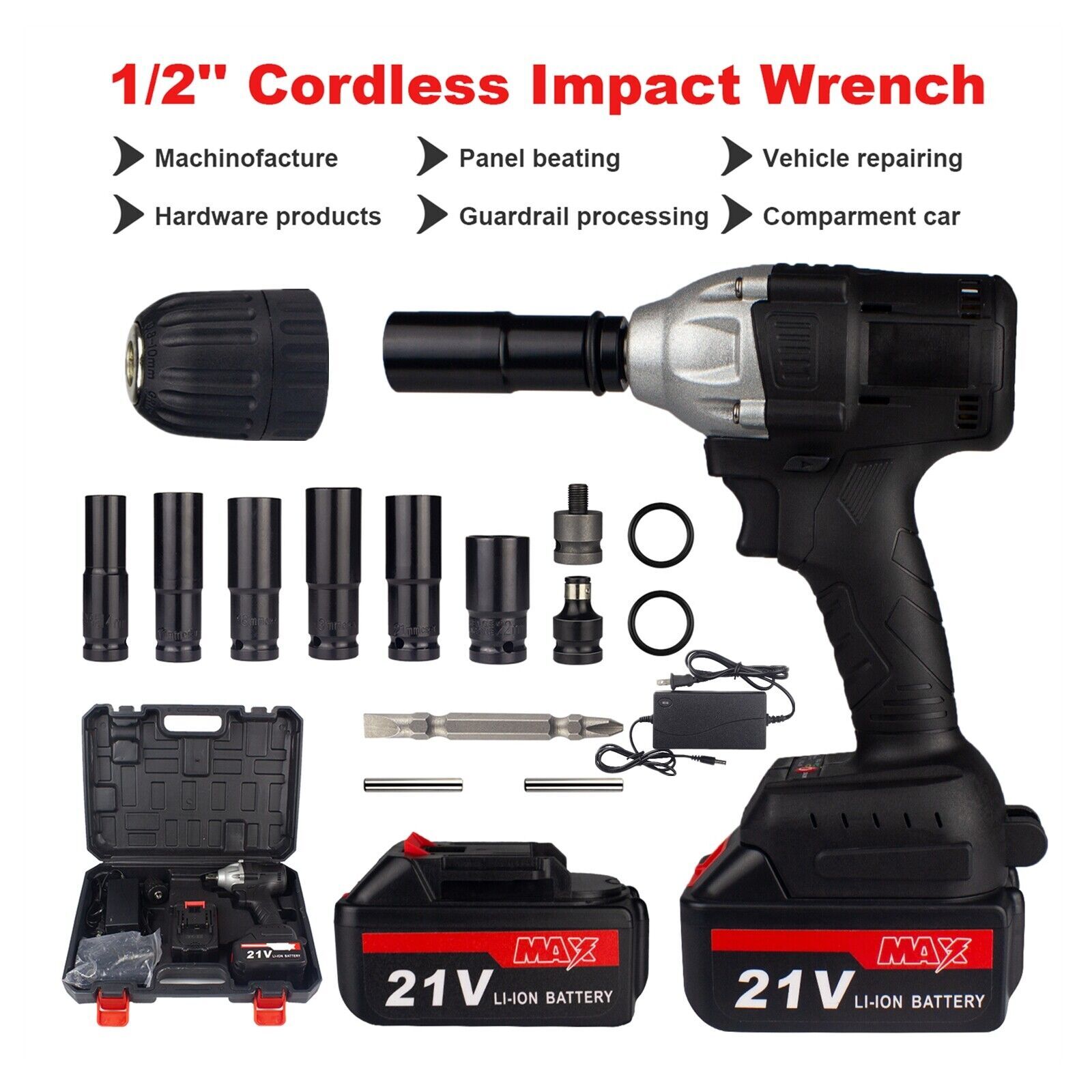 21V Cordless Impact Wrench 1/2" 800Nm High Torque Brushless Drill  1or 2 Battery