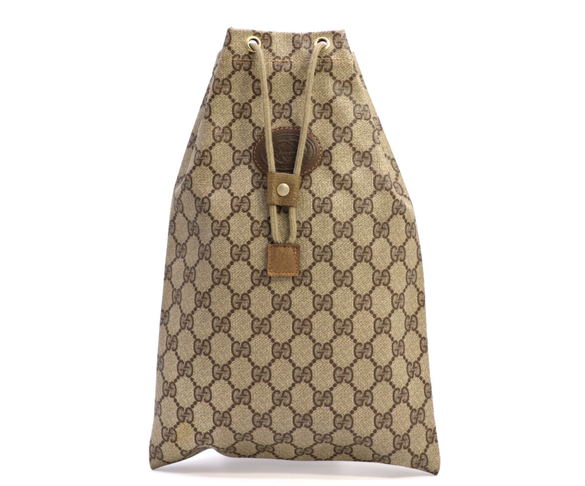 GUCCI VINTAGE GG Supreme Drawstring Bag PVC Brown Classic Authentic