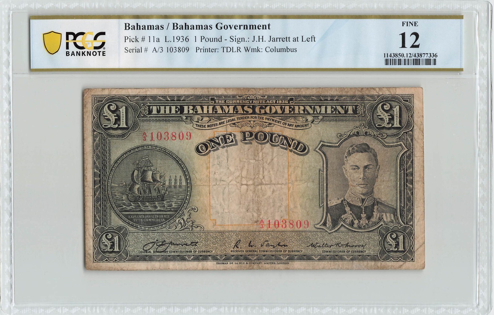 BAHAMAS 1 Pound 1936, P-11a Sign: Jarrett, RARE 1st Type, PCGS Fine 12, 103809
