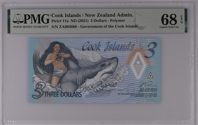 Cook Islands 3 Dollars ND(2021) P11 UNC - Polymer / Replacement / PMG GEM68EPQ
