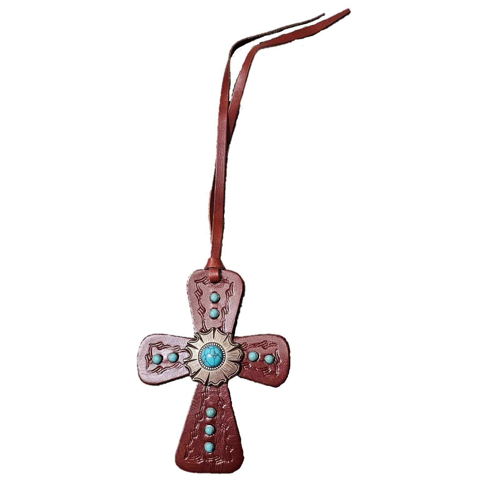 New 5" Leather Cross w/Copper Concho and Turquoise Stones