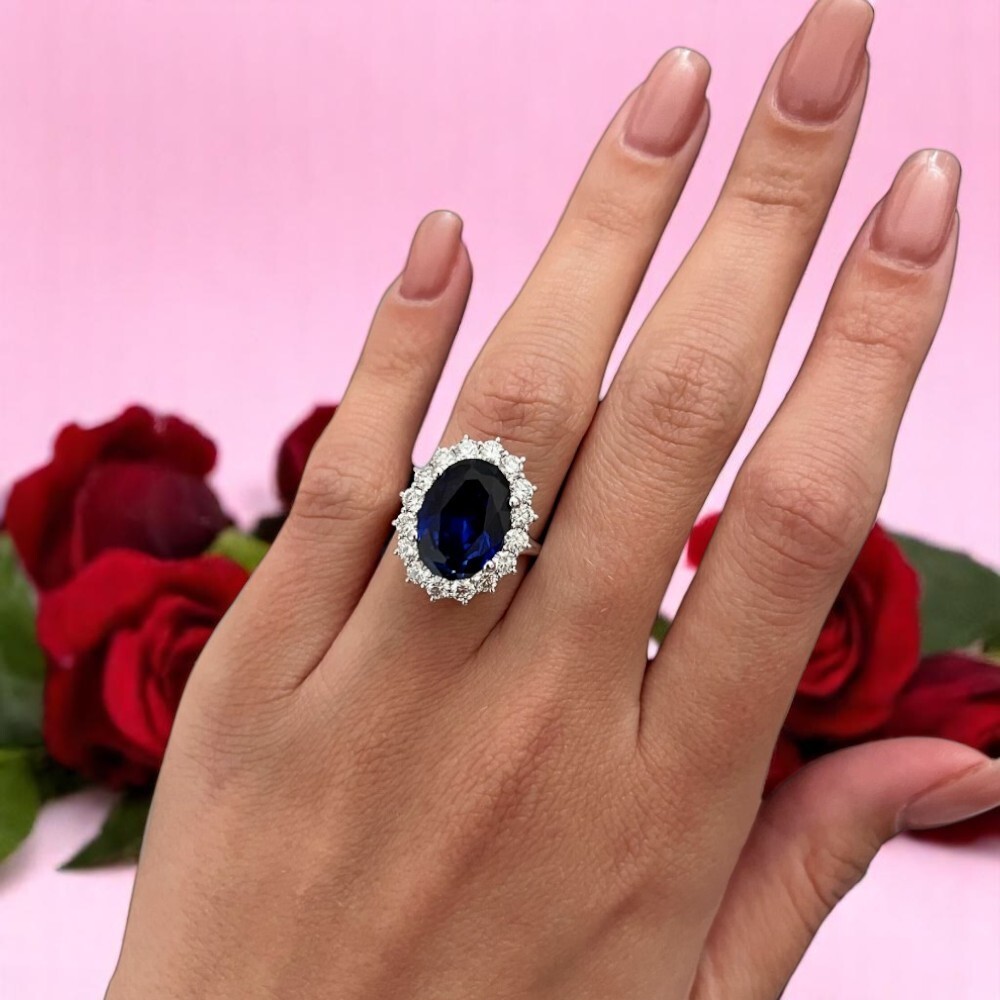 Oval Cut Lab Grown Blue Sapphire Platinum Wedding Ring Natural Diamond 8.30 Ct