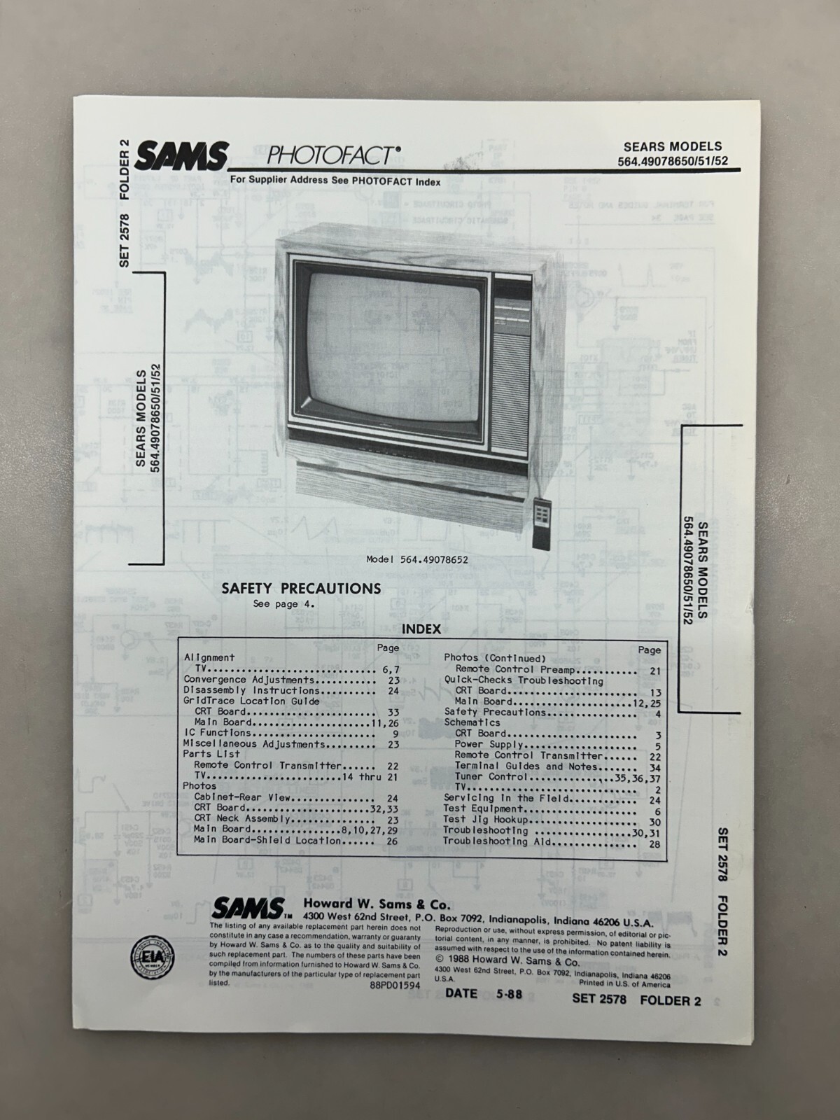 Sears 564.49078650 51 52 Service Manual Sams Photofact Free Shipping