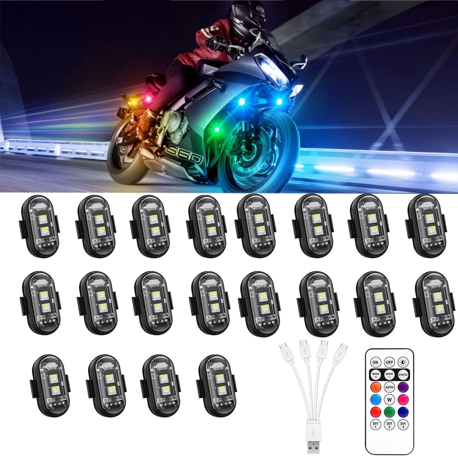 20 Pods Wireless RGB Strobe Lights w/Remote Control LED Flash Warning Lights Kit