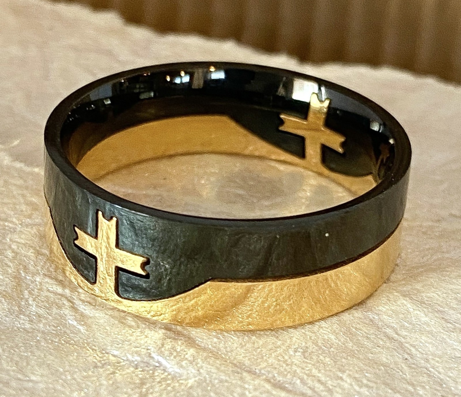 Cross Puzzle Two-Piece Puzzle Gold & Black Plated Stainless Steel Finger Ring