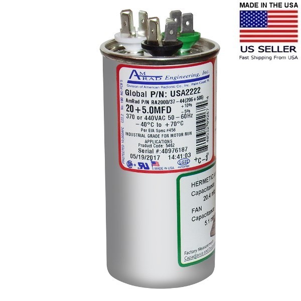 USA2222 20+5 uf/MFD 370-440 VAC volts AMRAD Dual Run Capacitor 50/60 Hz , Lot-1