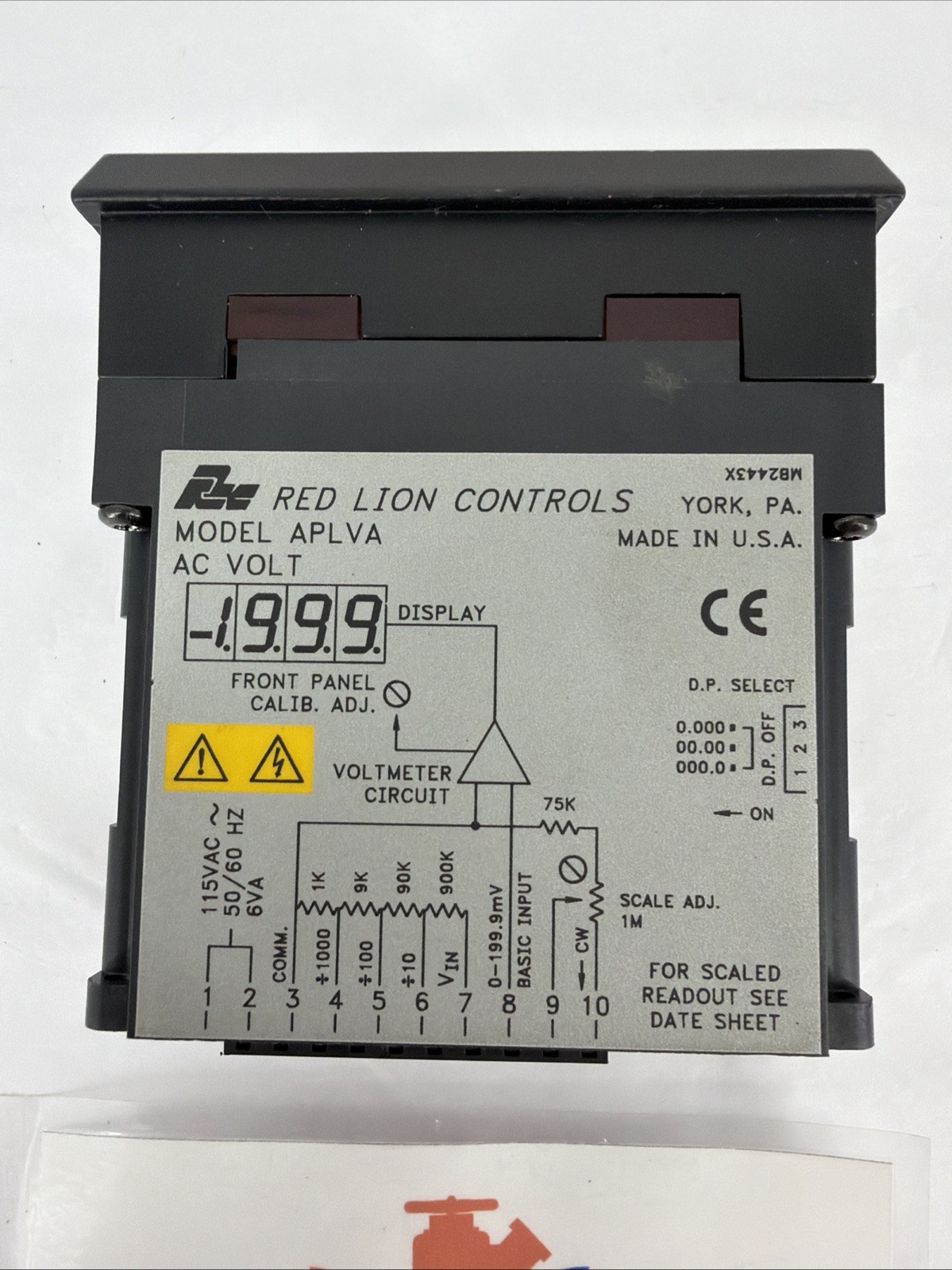 Red Lion Controls aPLVA400 Panel Voltmeter, AC Voltage, 4 Digit, 115VAC, 50/60Hz