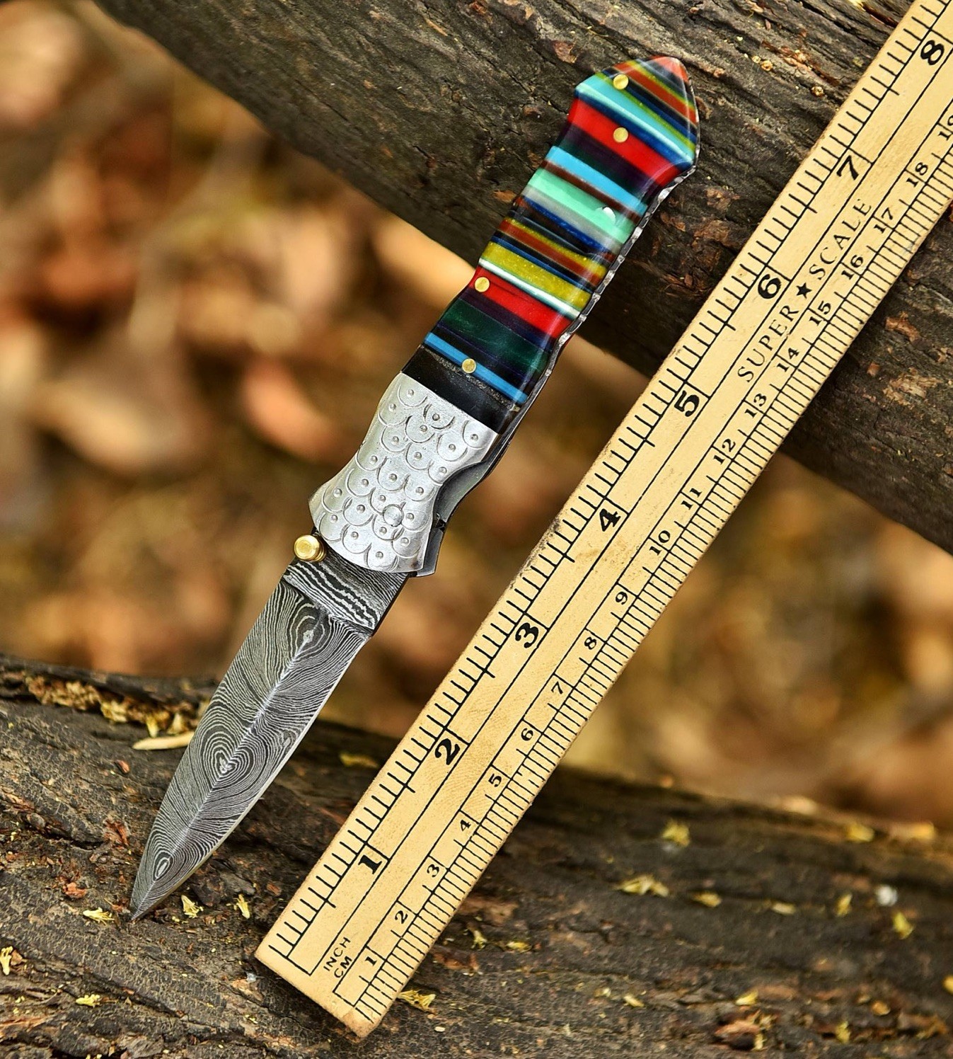 Handmade Damascus Double Edge Dagger Folding Blade Pocket Knife  - Tactical