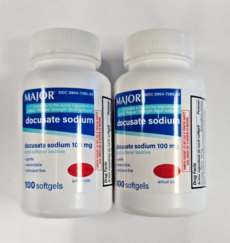 Major DOK Docusate Sodium Stool Softener 100mg Softgels 100ct -2 Pack -Exp 05-28