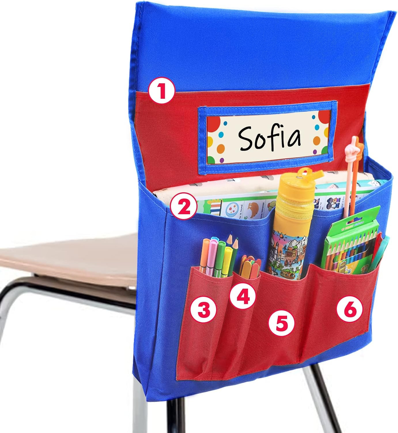 Chair Pockets for Classroom,Chairback Buddy Organizer,Red & Blue | 6-Pocket with