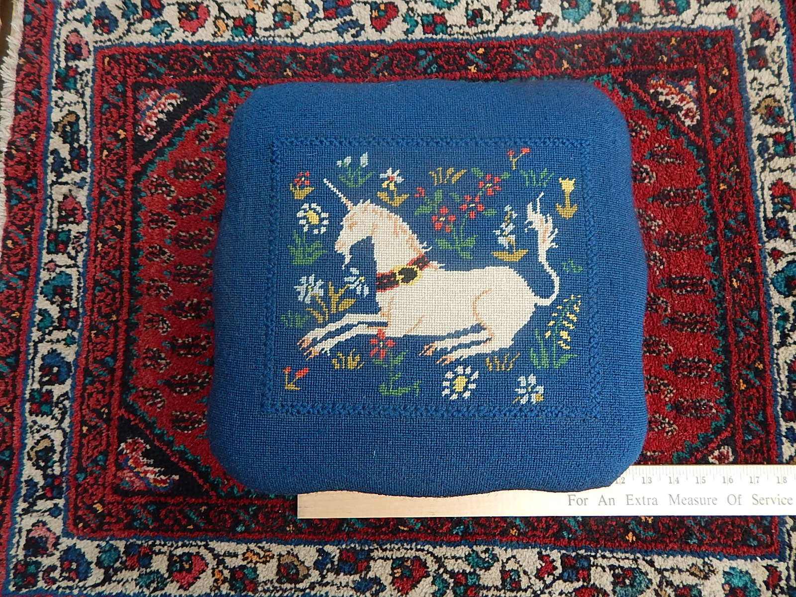 Antique Victorian Unicorn Fine Needlepoint Small Stool