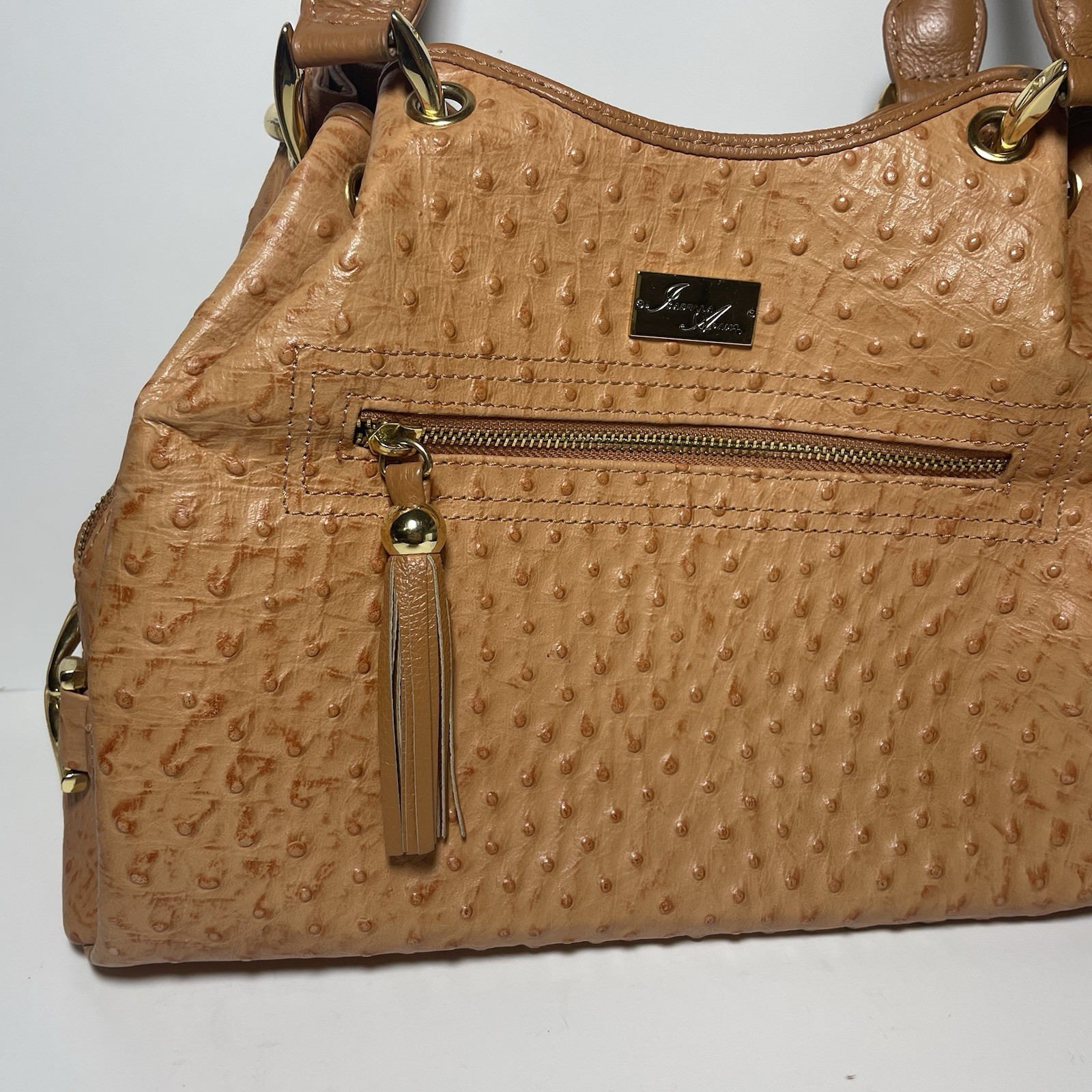 Isabella Adams Ostrich Embossed Leather  Shoulder Bag Tote 2 Handles