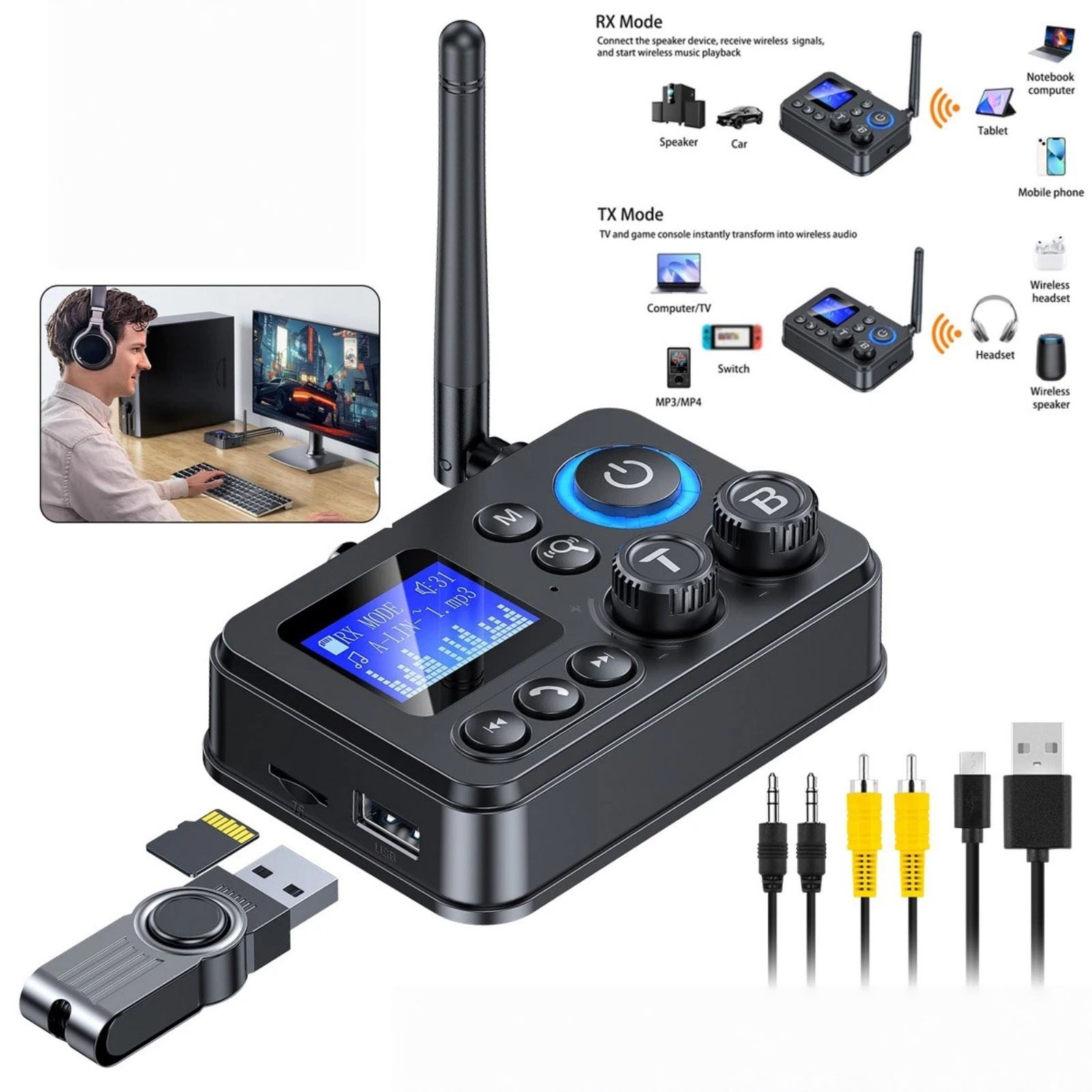 For Bluetooth 5.4 Transmitter Receiver 3.5mm AUX RCA Audio Adapter Replacement