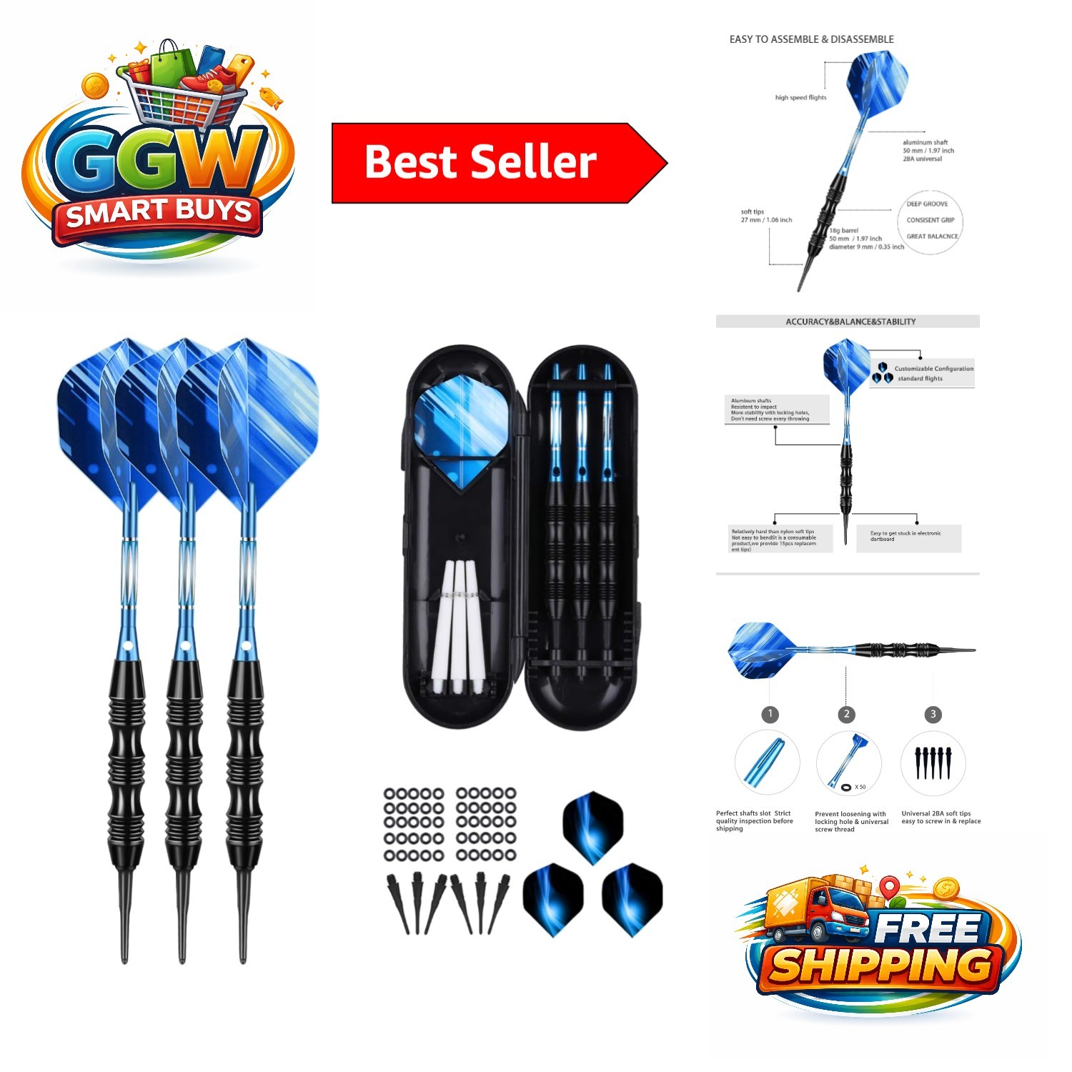 20g Soft Tip Darts - 30 Tips, 50 O-Rings, Aluminum Shafts & Case