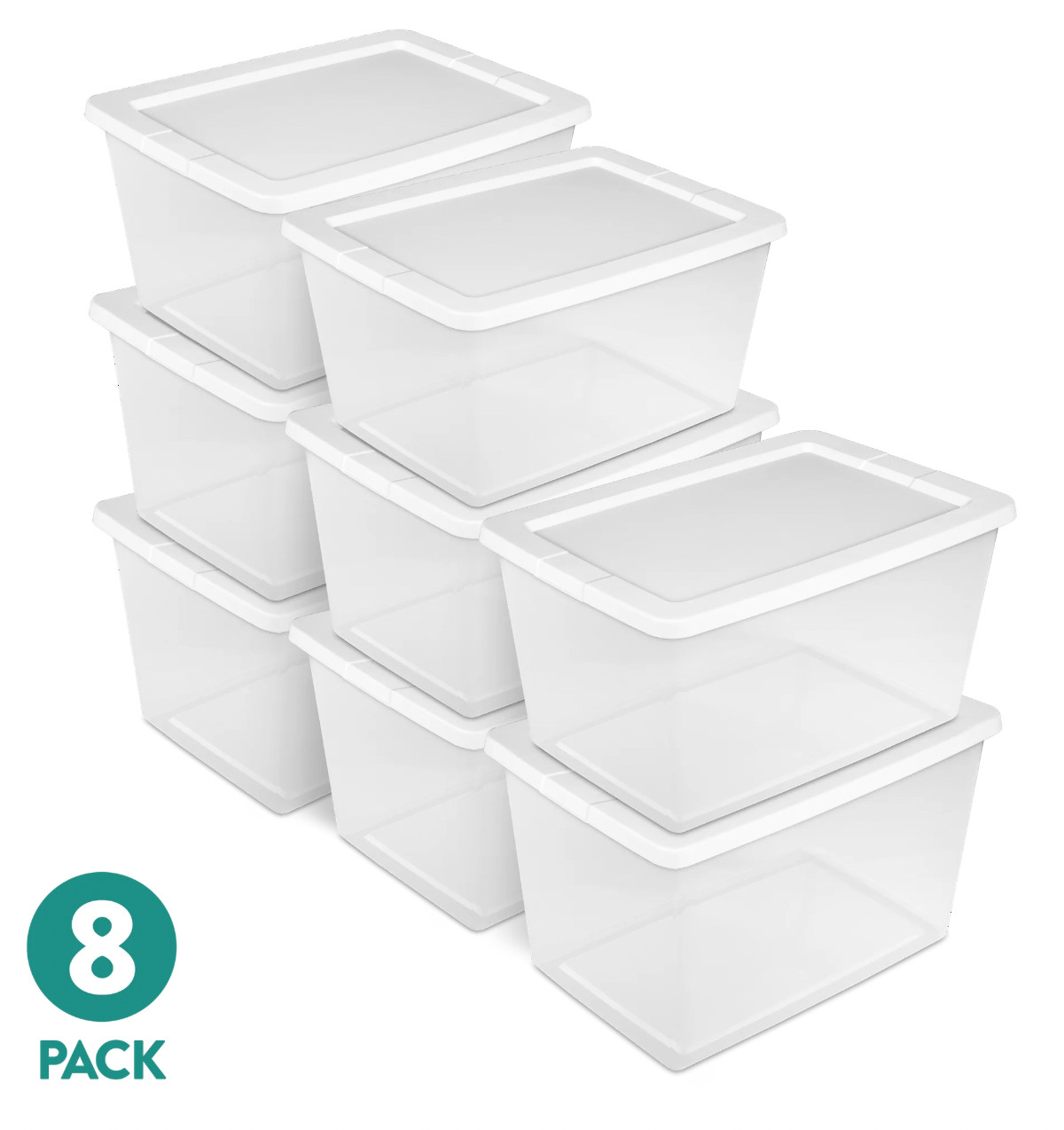 58Qt Storage Box 8 Pack Clear Plastic Bin, White Snap Lid Stackable