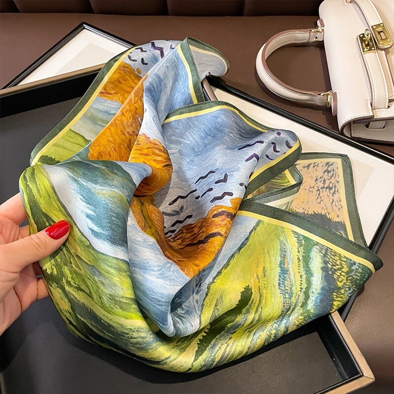100% Silk 20'' Scarf Small Bandana Women Vintage Oil Painting Headband Kerchief