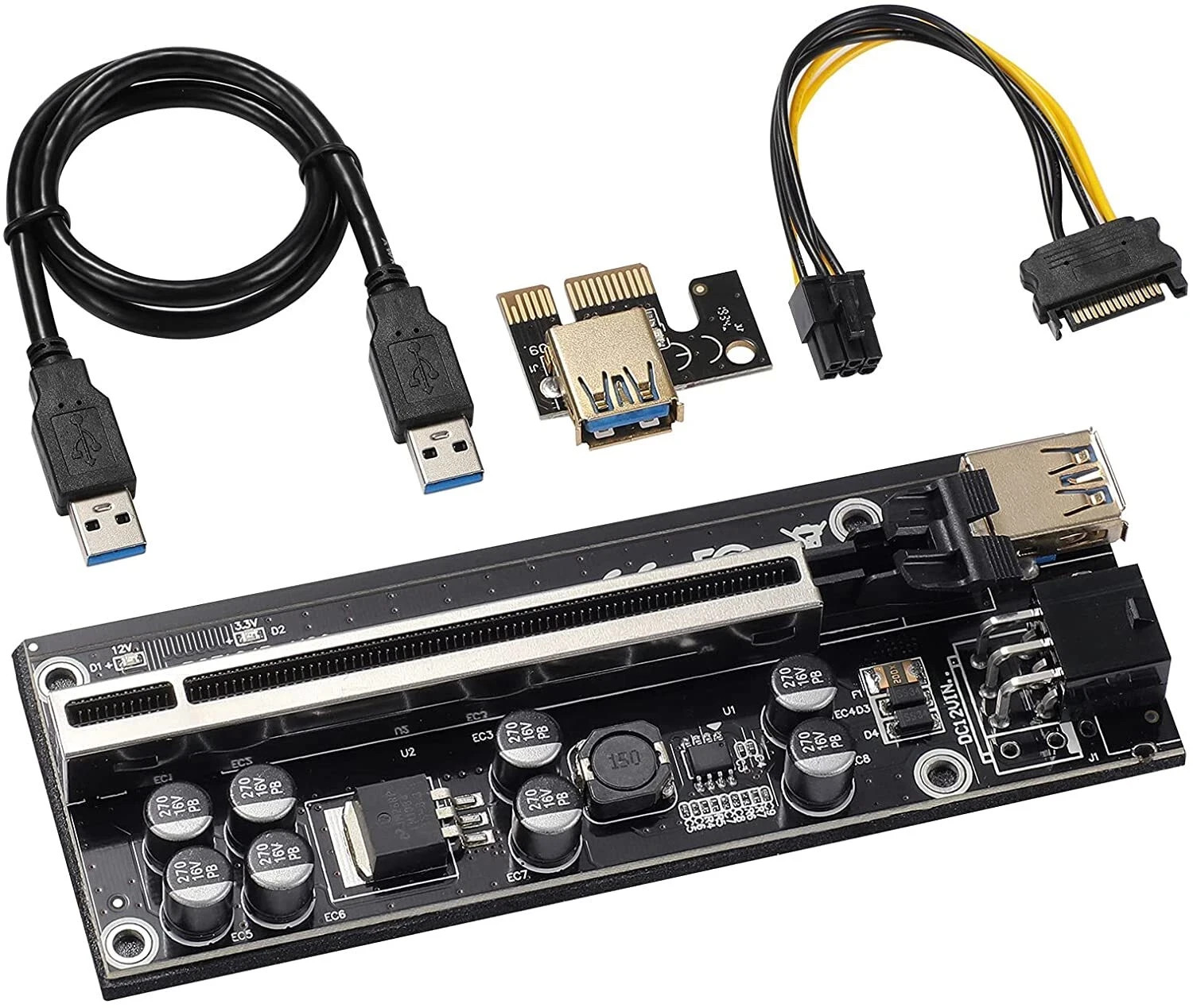 6 PACK PCI-E 1X to 16X V009S-PLUS Riser Card with 7 PCI-E 1X Adapter 8 Capacitor
