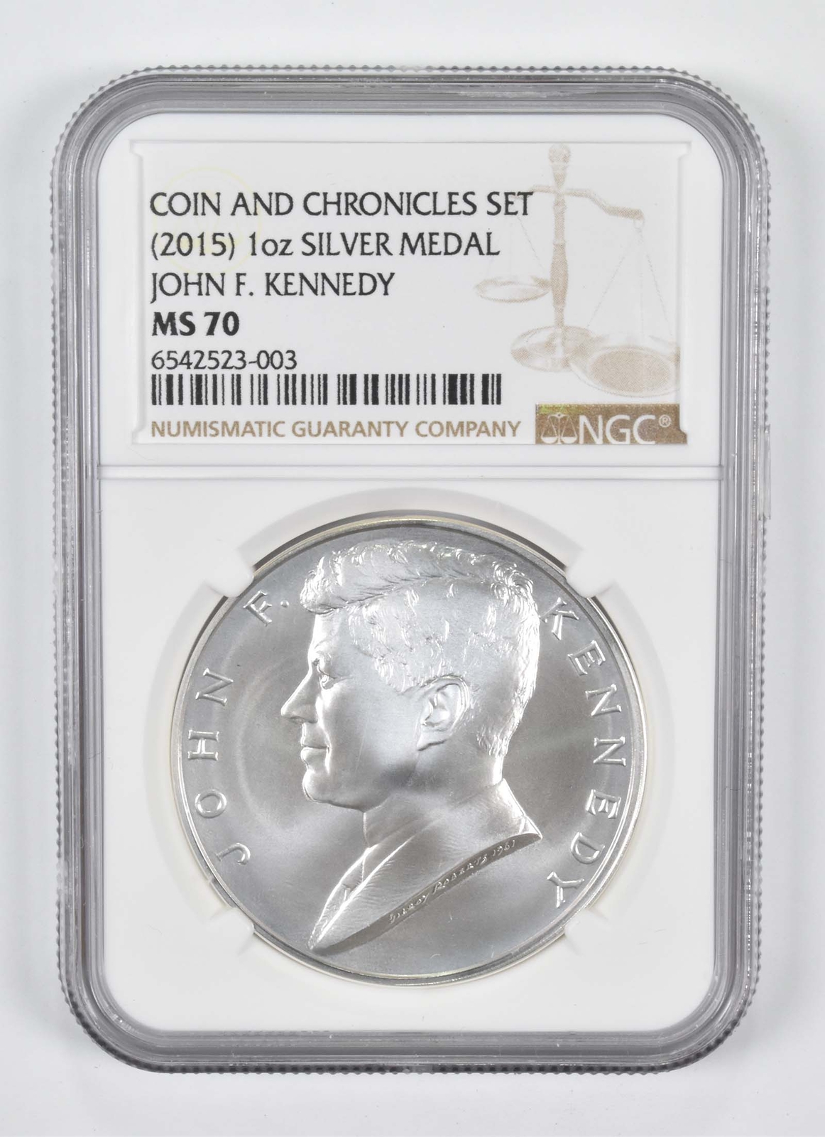 (2015) MS70 1 oz Silver Medal John F Kennedy Coin and Chronicles NGC