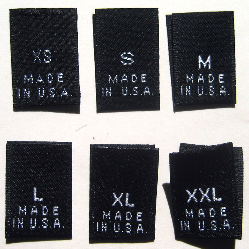 1000 pcs BLACK WOVEN CLOTHING LABELS MADE IN USA -SIZE TAGS XS, S, M, L, XL, XXL