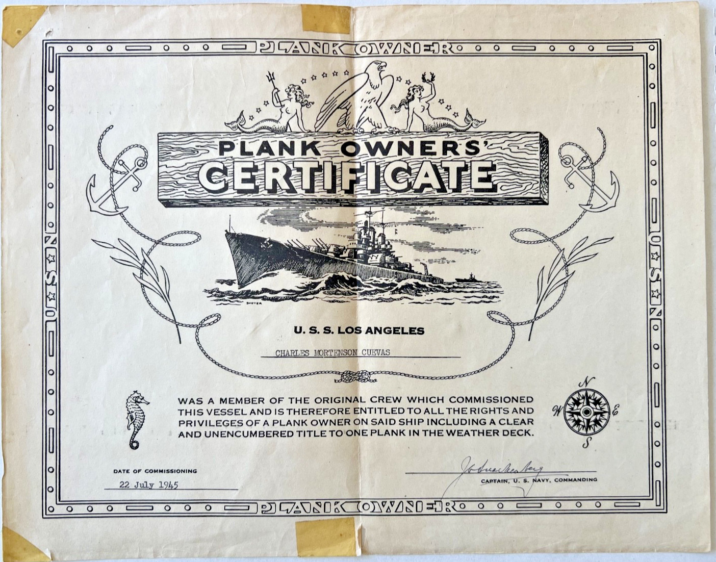 U.S.S. LOS ANGELES(CA-135) 1945 Plank Owners Certificate For CHARLES M CUEVAS 3E
