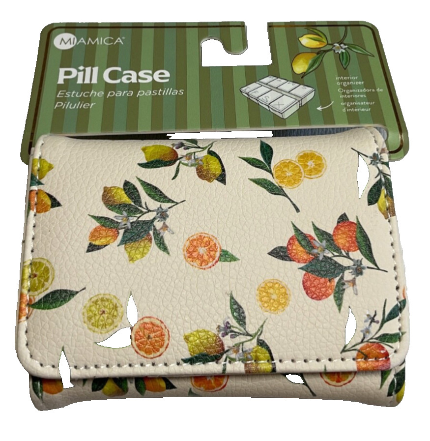 MIAMICA  PILL CASE  WITH 8 SECTION PILL ORGANIZER ORANGES LEMONS FOLD OVER NIP
