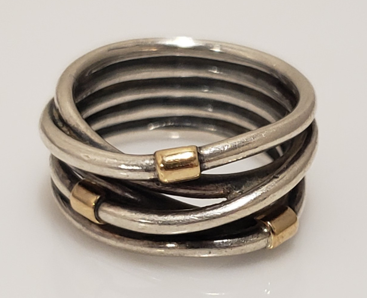 Pandora Sterling Silver Two Tone Crossover Ring Band 190383 Sz 6.75 Euro 54