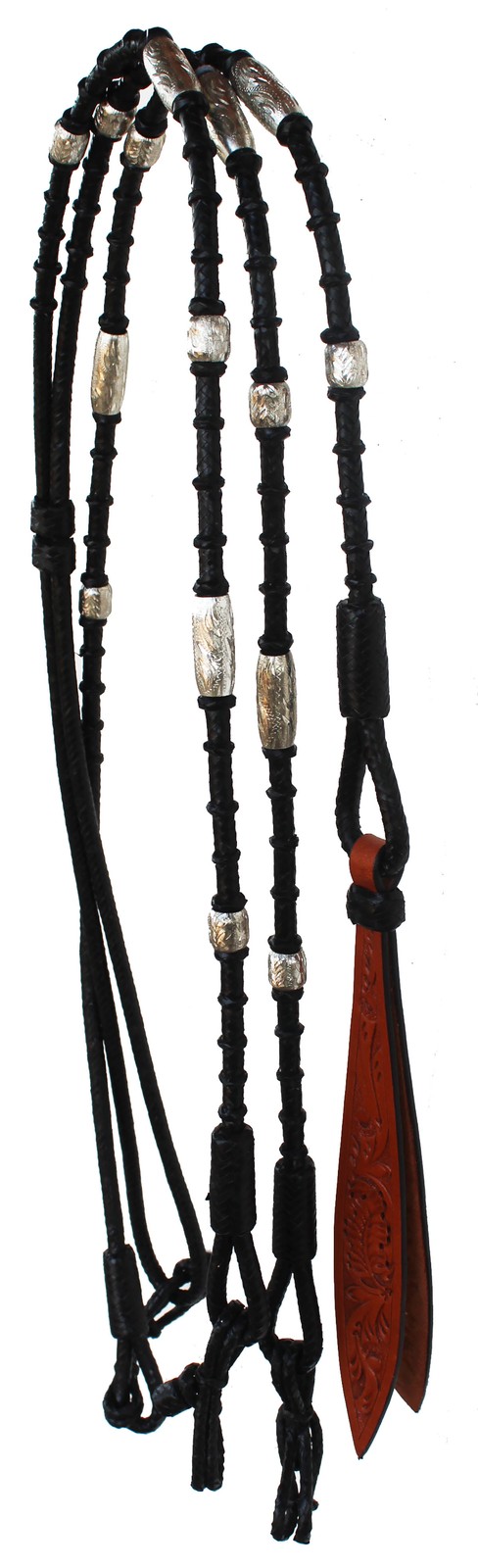 Horse Braided Leather Rawhide Romal Reins Silver Black Tack 6653