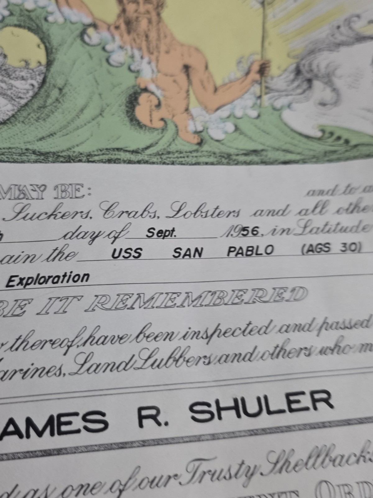 U.S.N.: "Shellback": 15 x 20, Certificate (Personalized) 1943