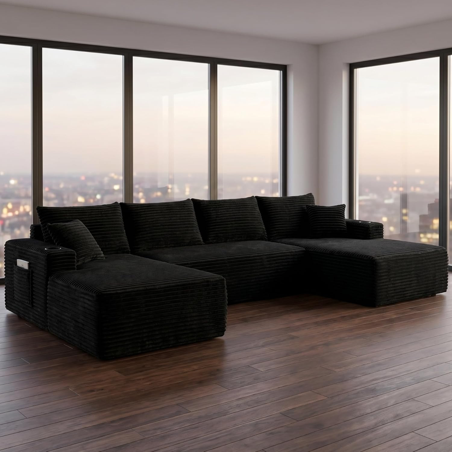 134" U-Shaped Modular Sofa with Cup Holders & Pockets - No Assembly, Black