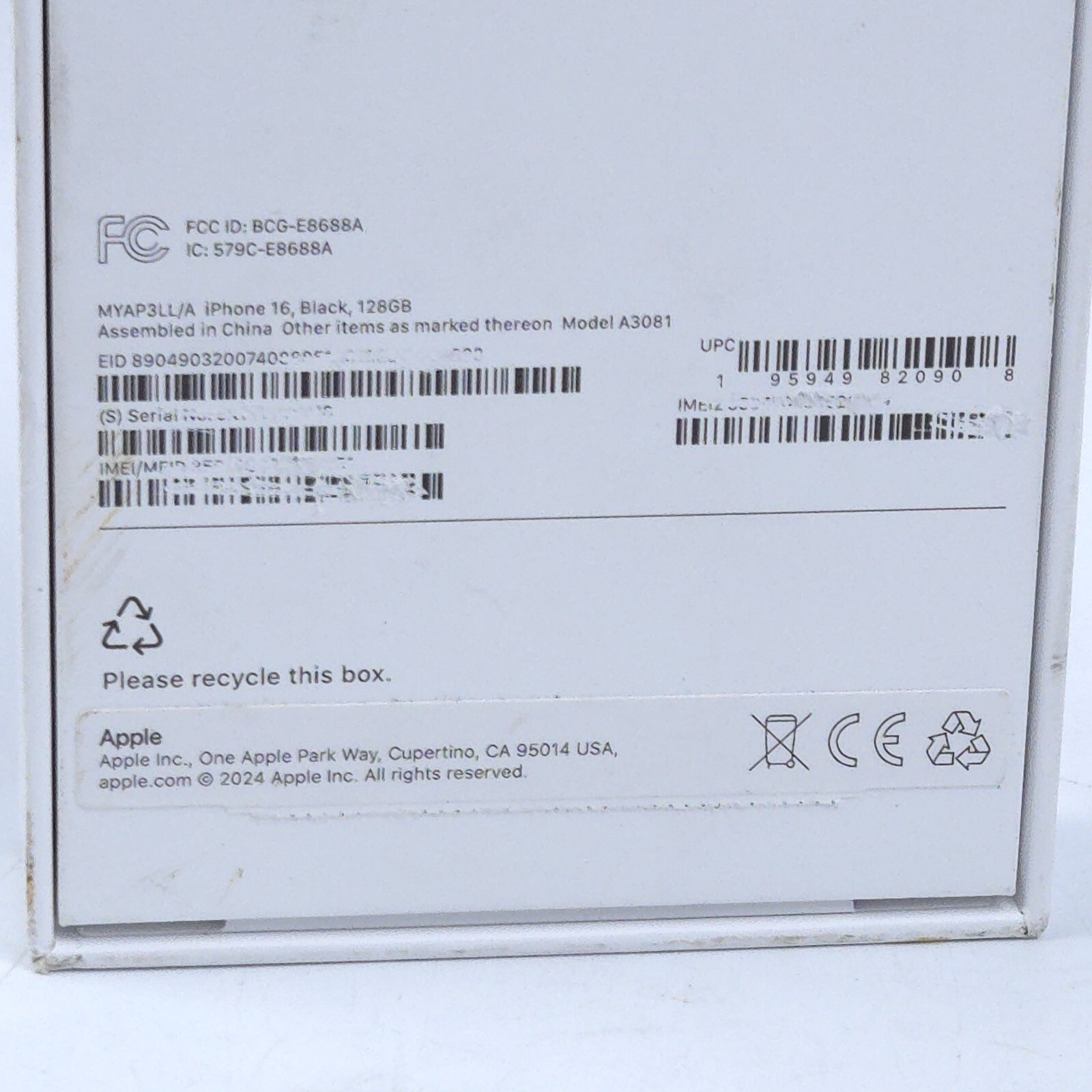 EMPTY BOX Apple A3081 iPhone 16 Black - Empty Box ONLY