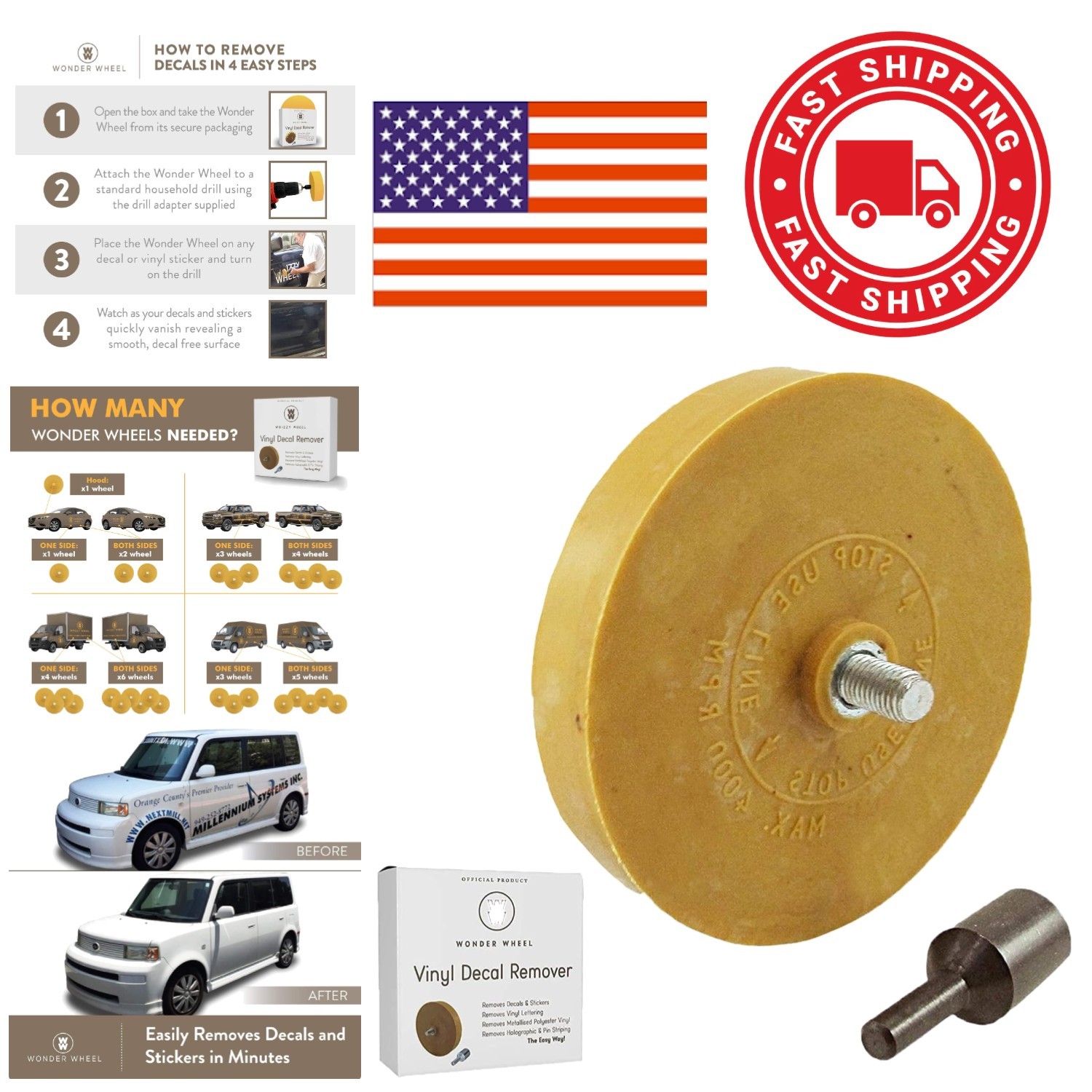 Adhesive Remover Kit with 4 Inch Rubber Wheel and Drill Adapter for Vehicles