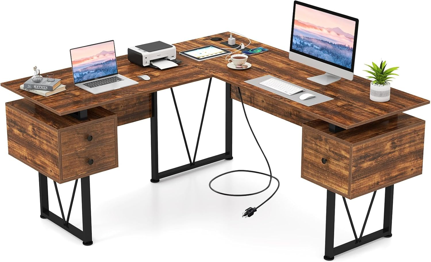 L-Shaped 59" Office Desk with Drawers & Charging Station - Rustic Brown