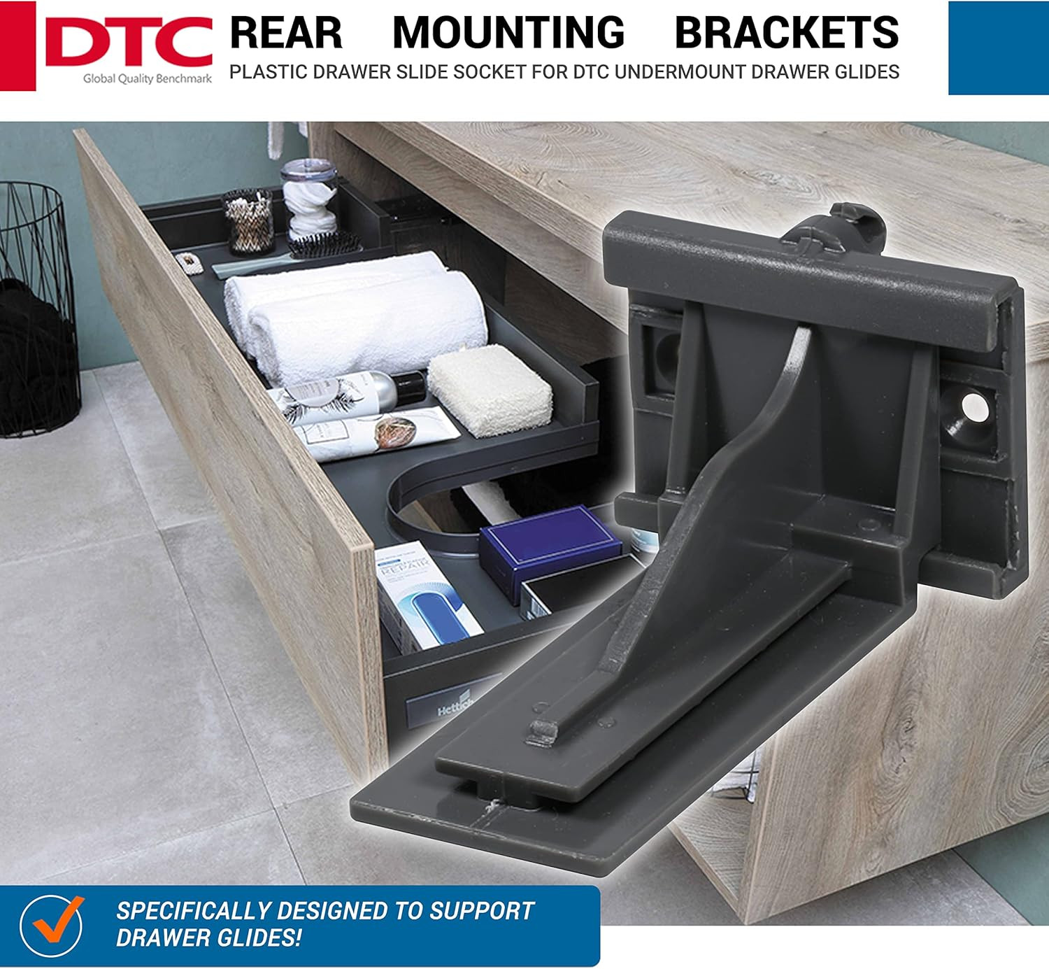 2 Pack DTC Rear Mounting Brackets Heavy Duty Drawer Slide Socket Plastic Grey Co