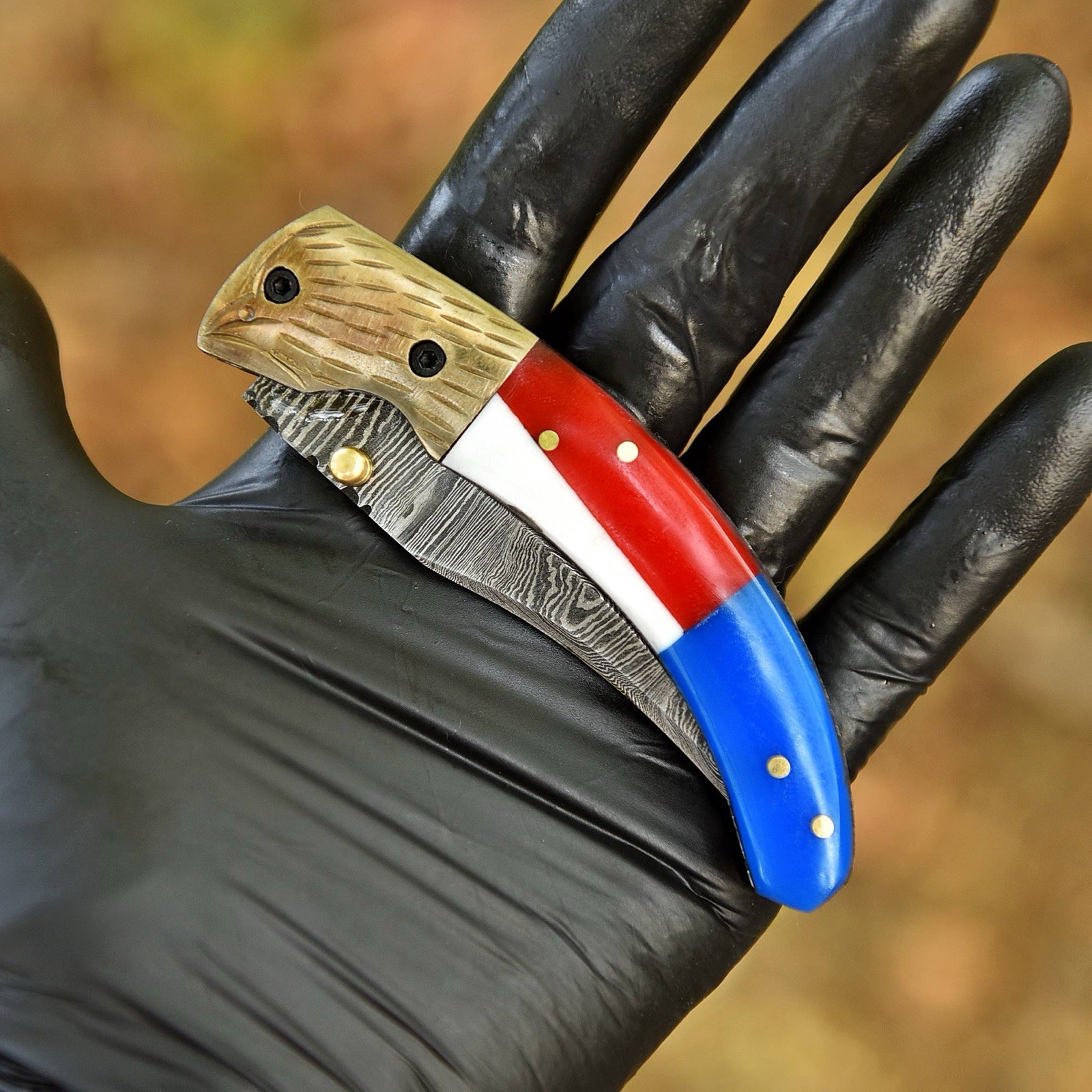 Damascus Steel Folding Blade Pocket Knife  Texas Flag Handle - Eagle Engrave