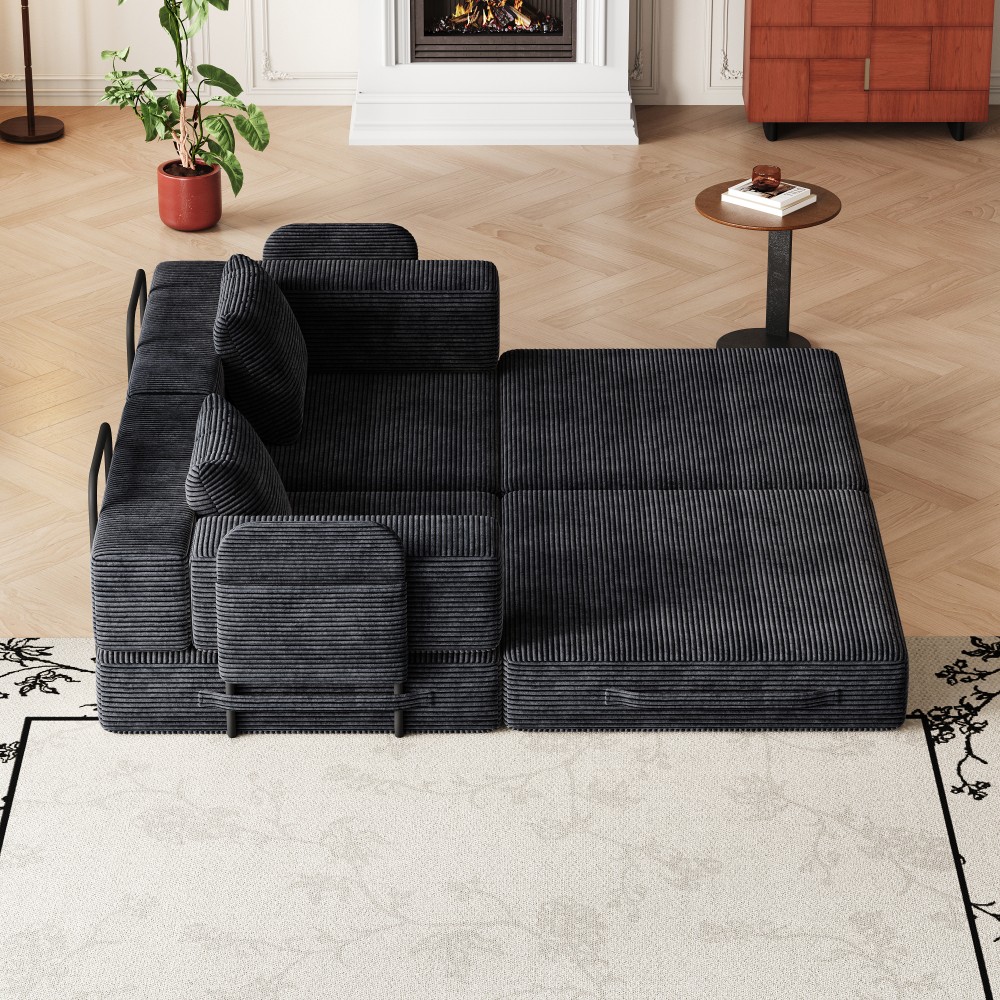 72" Convertible Sofa Bed w/ Storage Pockets & Cushions, Corduroy Fabric
