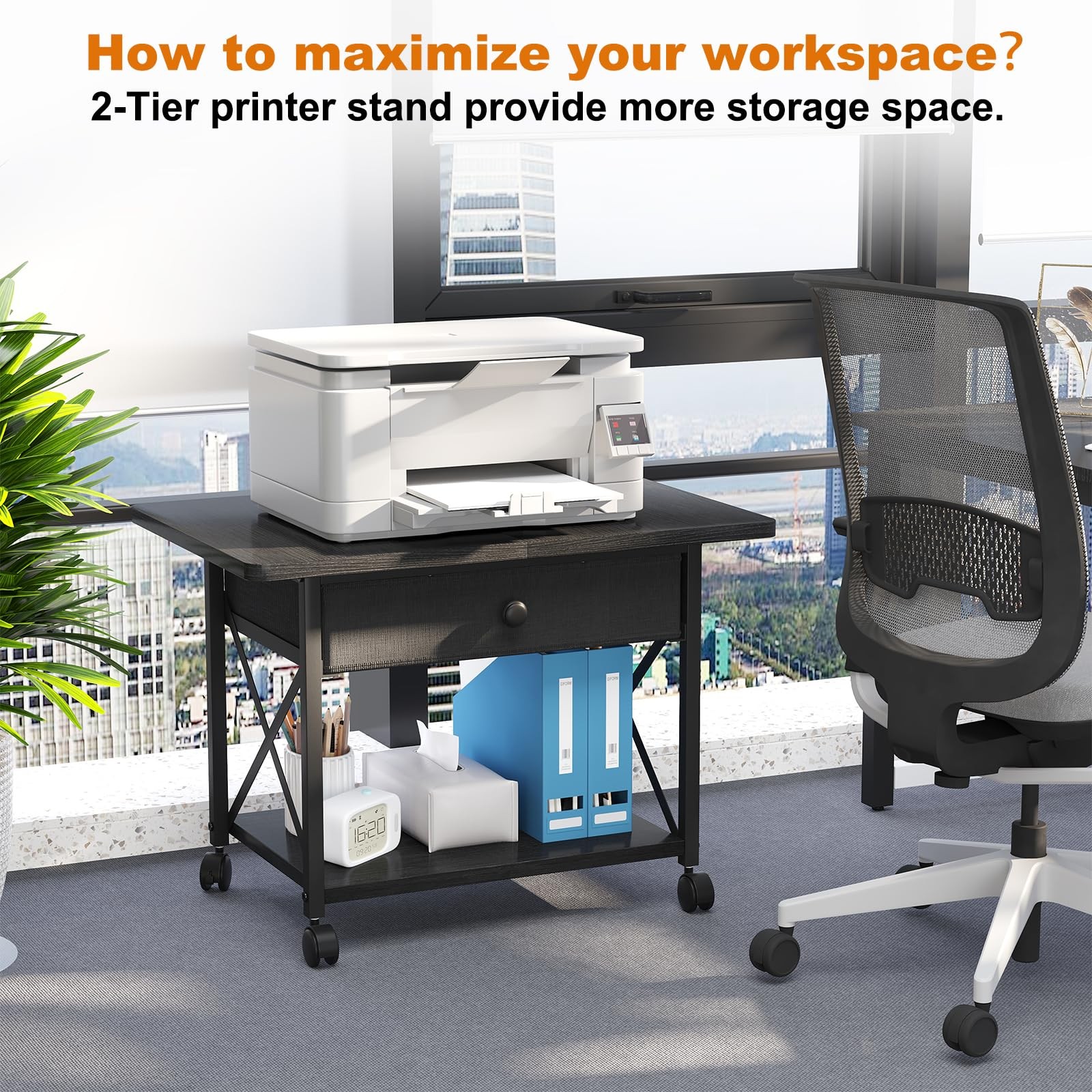 EasyCom 23.6" x 15.7" Under Desk Printer Stand with Storage Large, Black