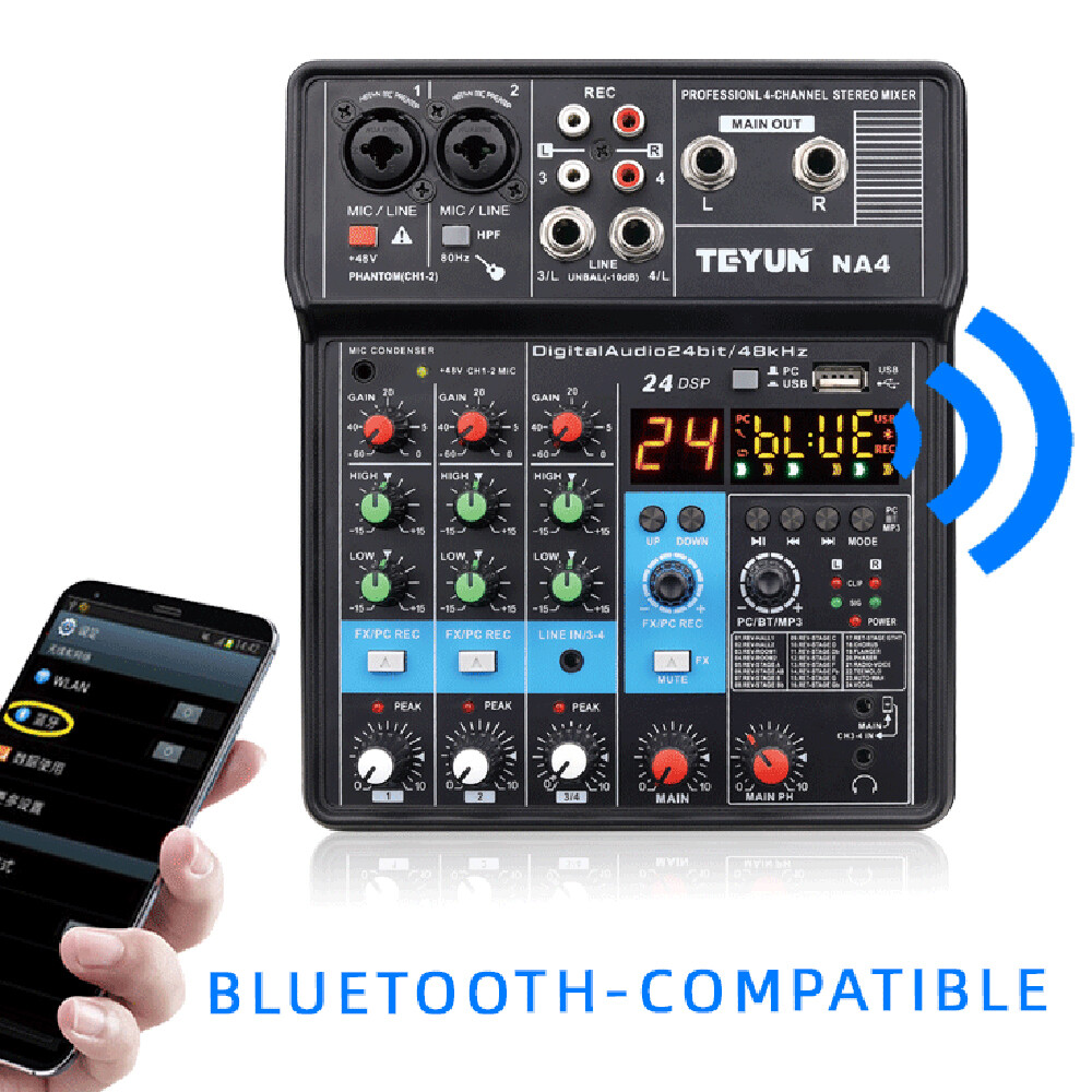 Pro 4 Channel Studio Audio Mixer Bluetooth USB DJ Live Sound Mixing Console