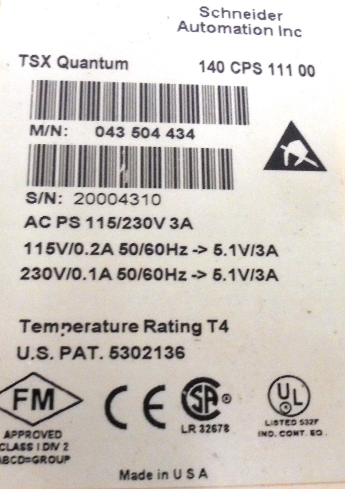 SCHNEIDER AUTOMATION, MODICON POWER SUPPLY, 140 CPS 111 00, 115V/0.2A, 50/60HZ