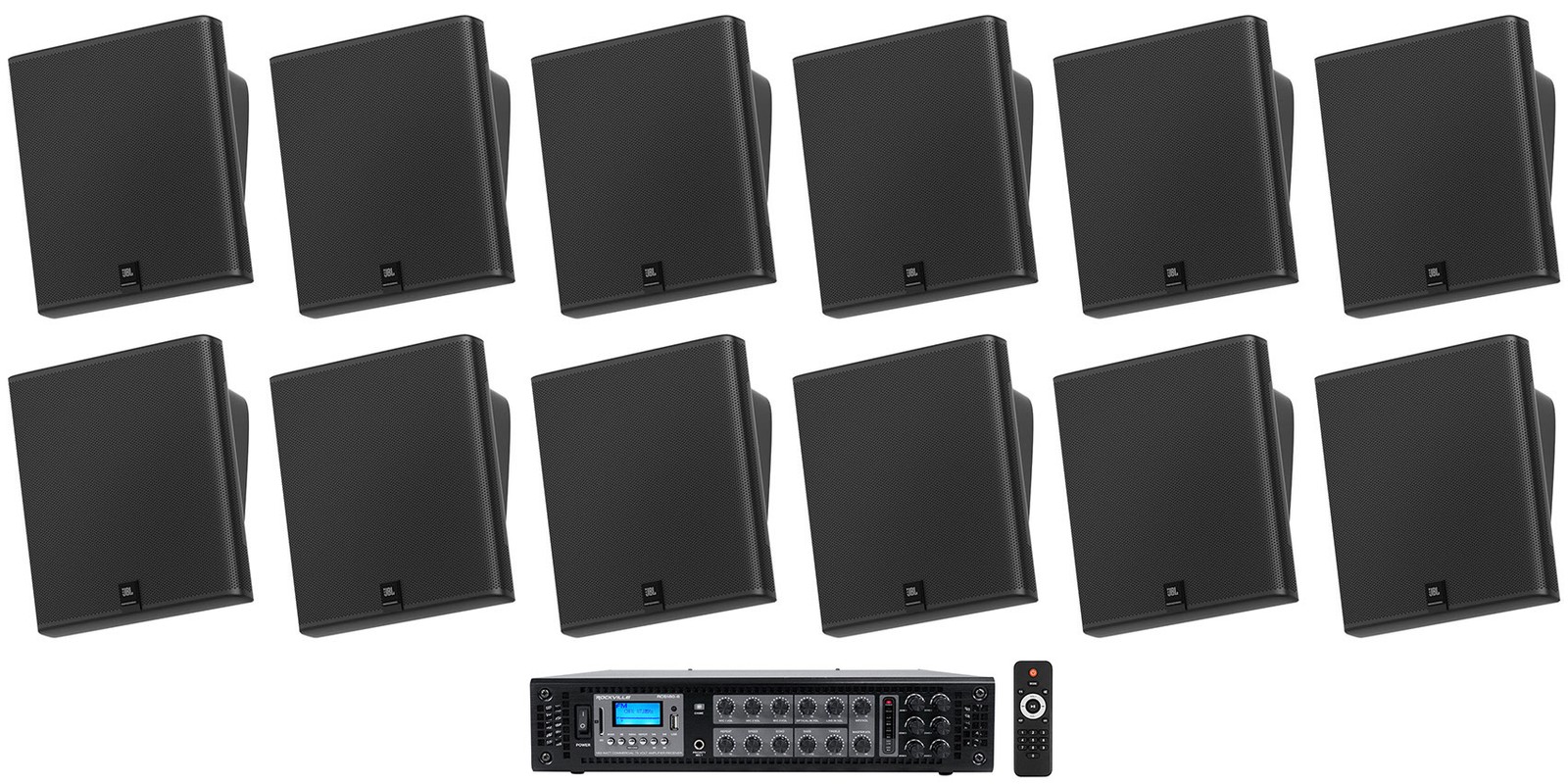 12 JBL SLP12/T-BK Sleek Low-Profile On Wall Mount 3" 70v Commercial Speakers+Amp