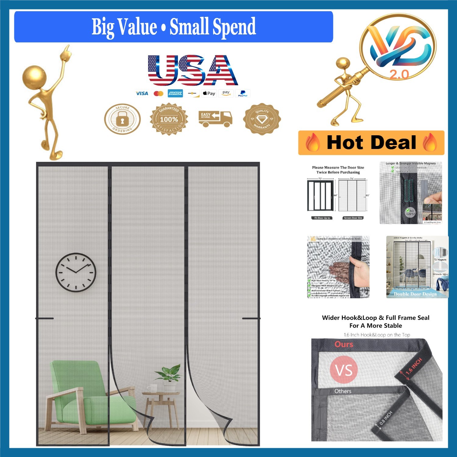 Heavy Duty Magnetic Double Door Screen 72x80 Fiberglass Mesh Black