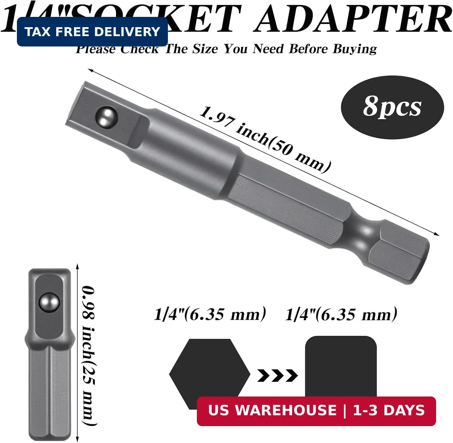 8 PCS 1/4 Hex to 1/4 Square Socket Adapter, Drill Socket Adapter Square Sockets