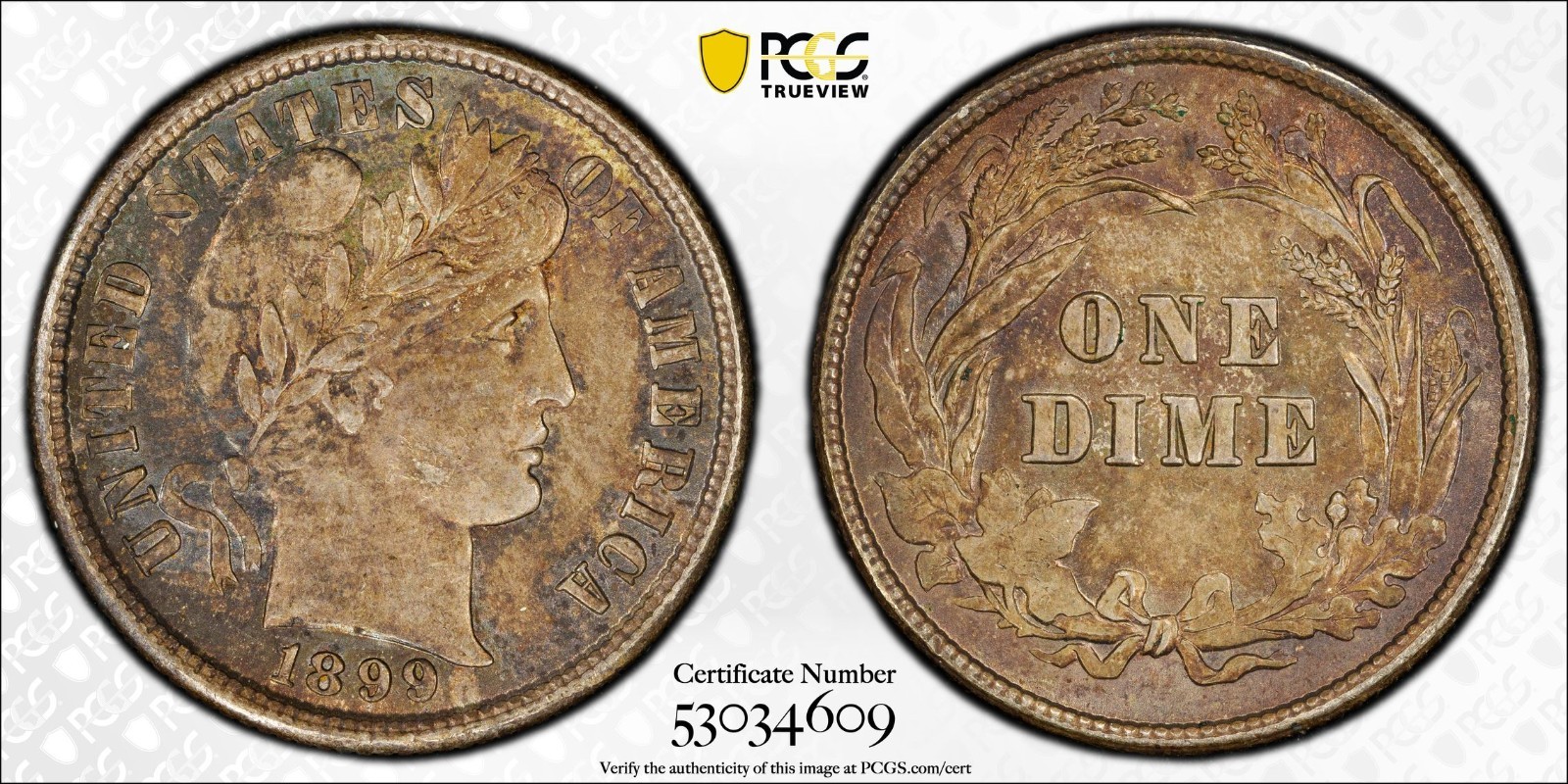 1899 10c Barber Dime PCGS MS63 Toned