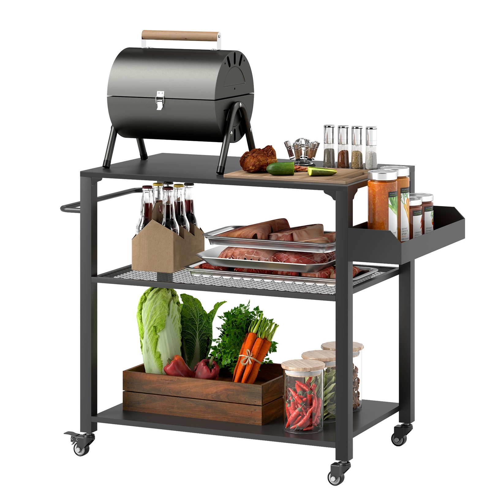 Three-Shelf Outdoor Grill Cart, Movable Food Prep Table on Wheels