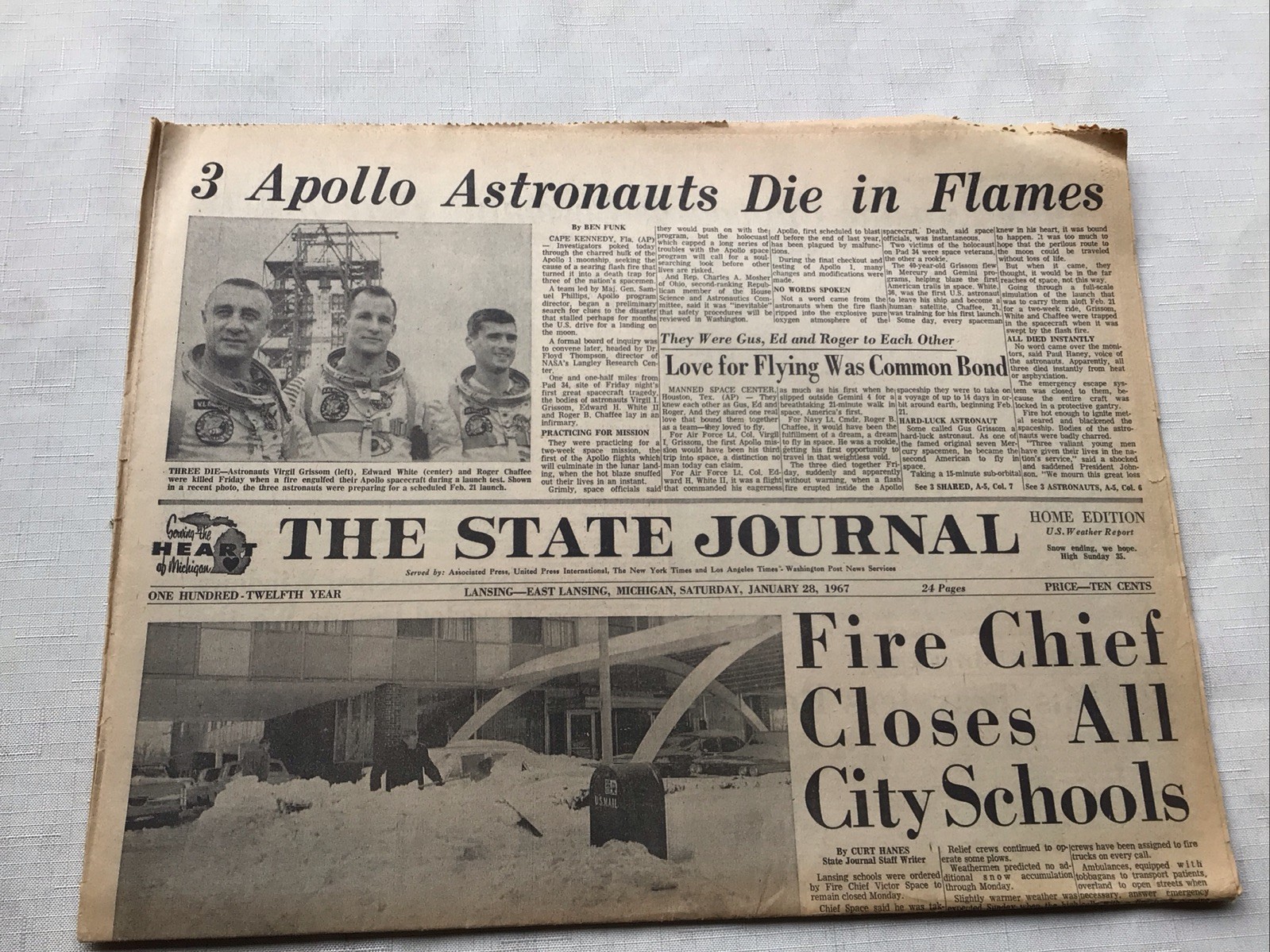 The State Journal Lansing, Michigan Saturday, Jan. 28, 1967 3 Apollo Astronauts