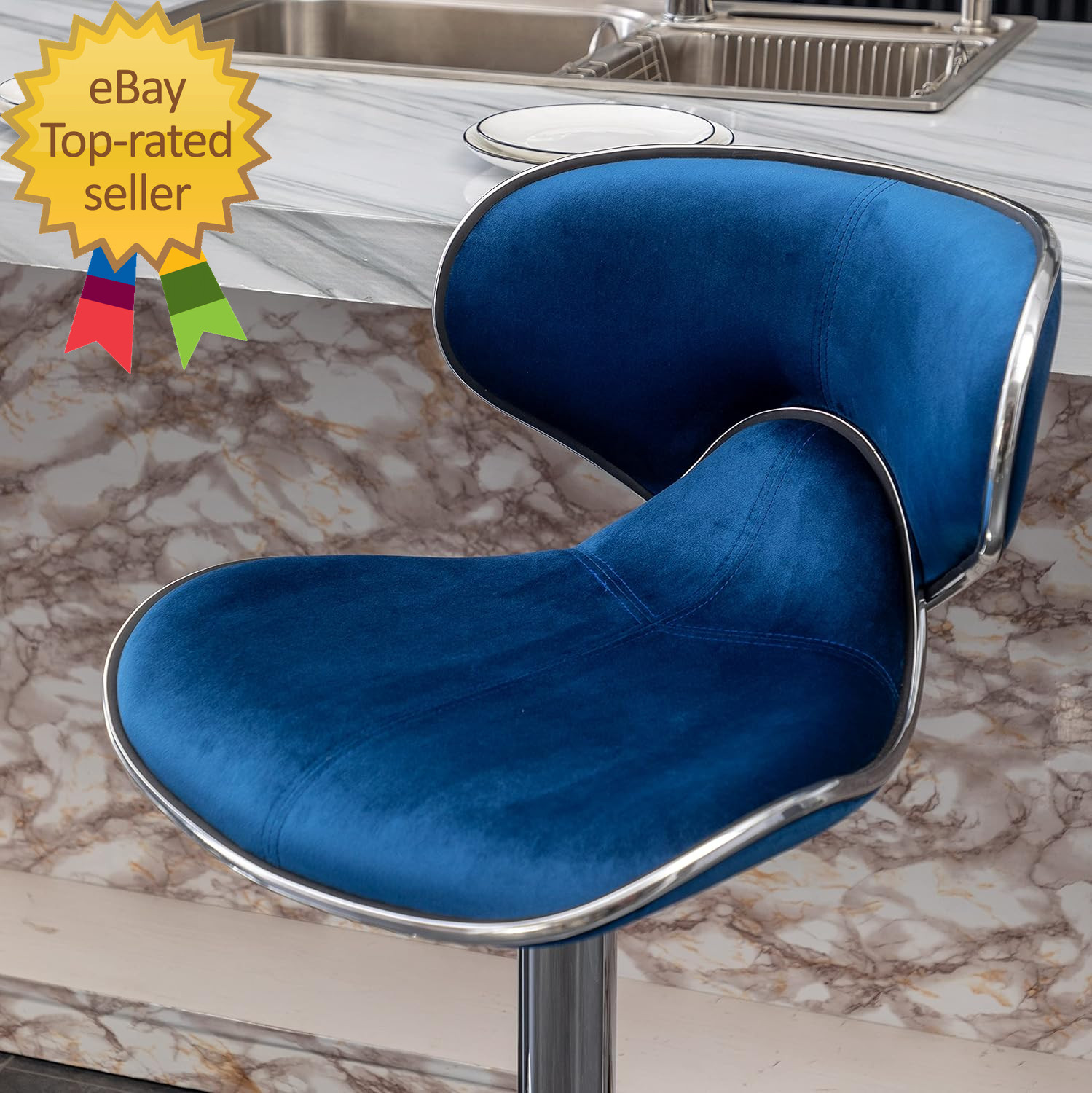 Masaccio Velvet Upholstered Adjustable Swivel Barstool Set of 2 Blue