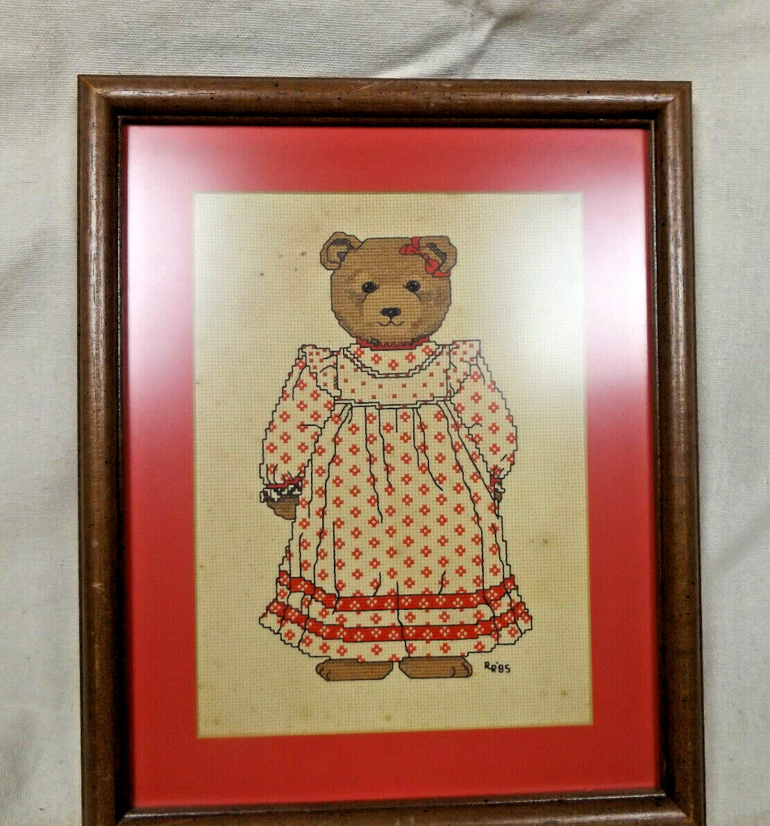 Vintage Cross Stitched Stitch Teddy Bear in PJ Framed Picture Artwork Hanging