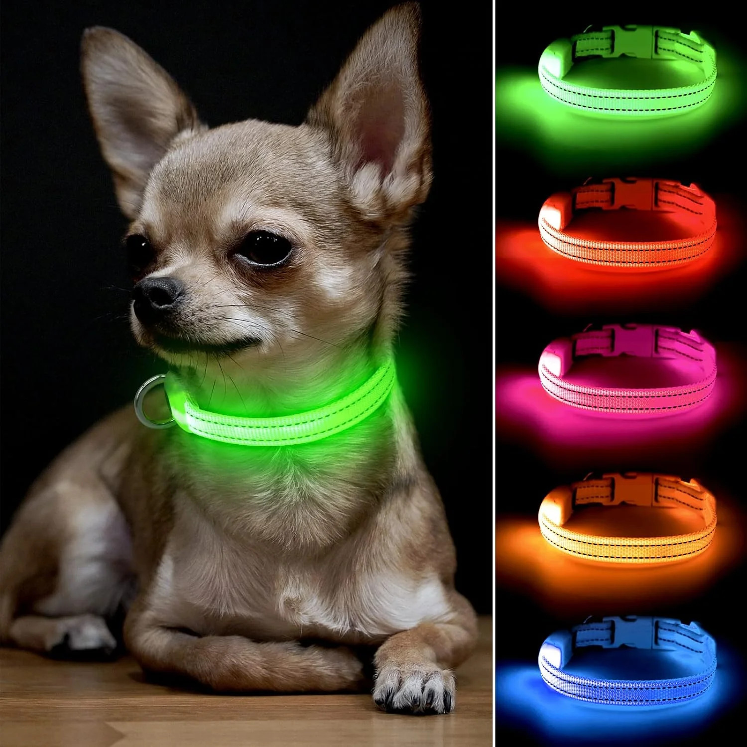 Adjustable LED Dog & Cat Collar - Rechargeable, Small Breeds, Green, 8.5-11.8