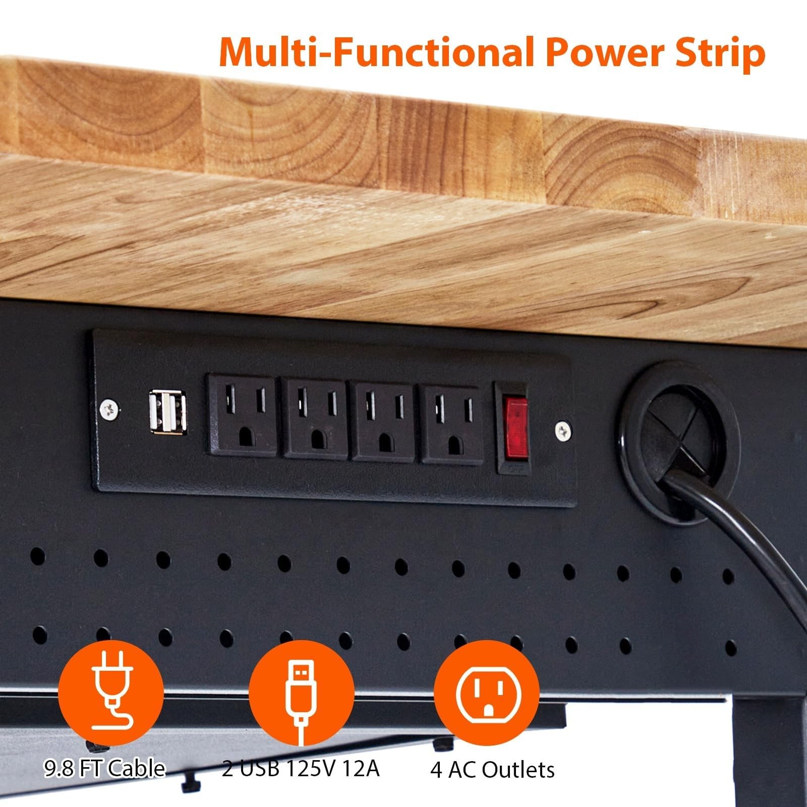 60" Adjustable Workbench w/ Pegboard & Power Outlets Work Bench Lockable Wheels