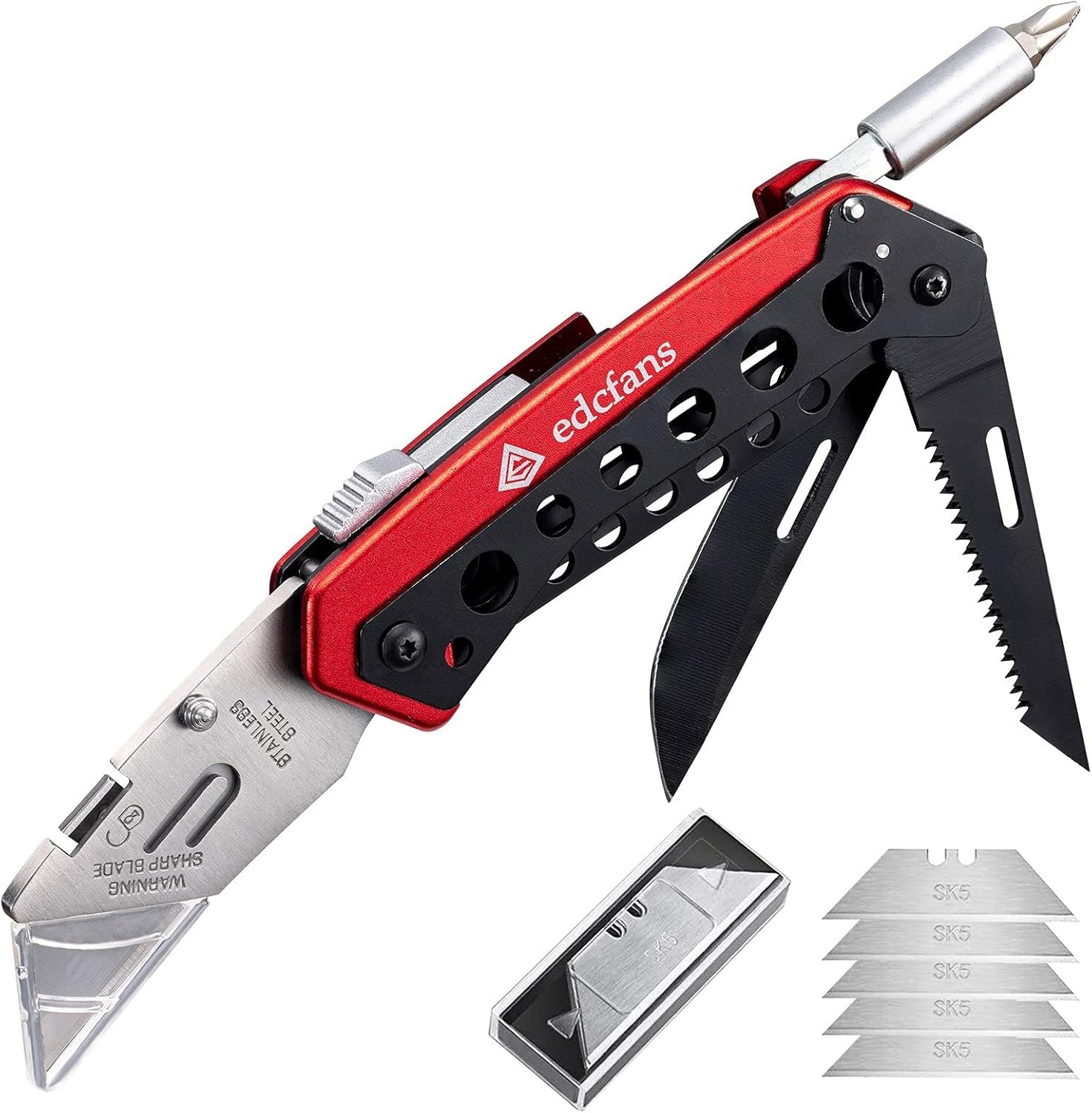 Multicolor Folding Utility Knife with Box Cutter, Saw and Screwdriver Features